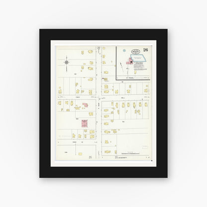 Old map wall art mockup — black gallery frame with white mat — Sanborn Fire Insurance Map from Newark, Wayne County, New York (1912), Sheet #0026