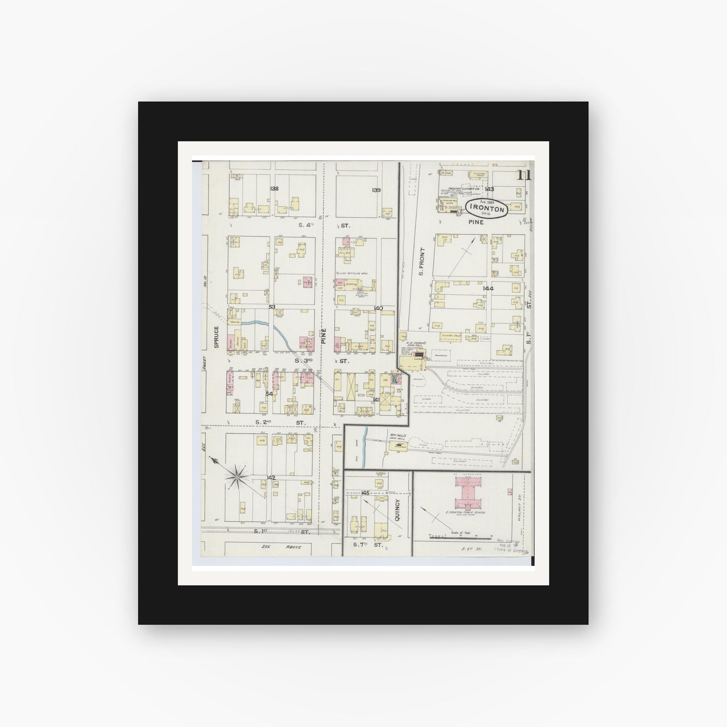 Old map wall art mockup — black gallery frame with white mat — Sanborn Fire Insurance Map from Ironton, Lawrence County, Ohio (1889), Sheet #0011