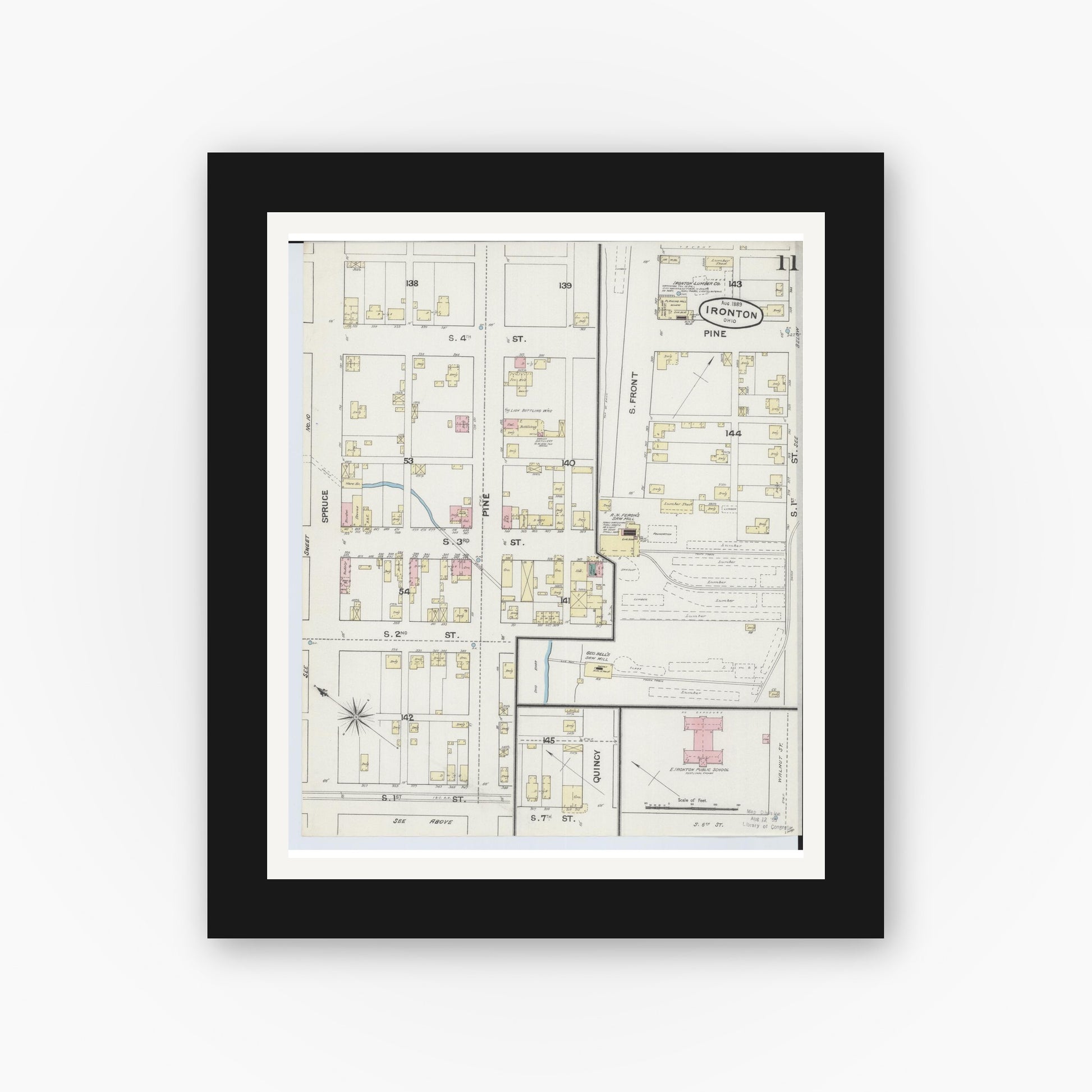 Old map wall art mockup — black gallery frame with white mat — Sanborn Fire Insurance Map from Ironton, Lawrence County, Ohio (1889), Sheet #0011