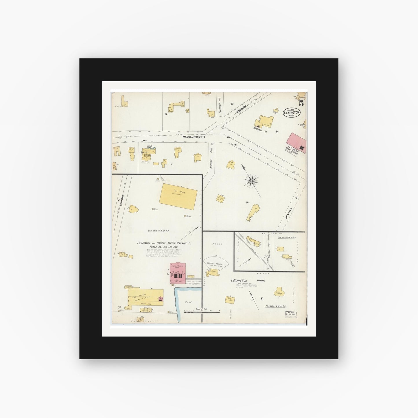 Old map wall art mockup — black gallery frame with white mat — Sanborn Fire Insurance Map from Lexington, Middlesex County, Massachusetts (1903), Sheet #0005