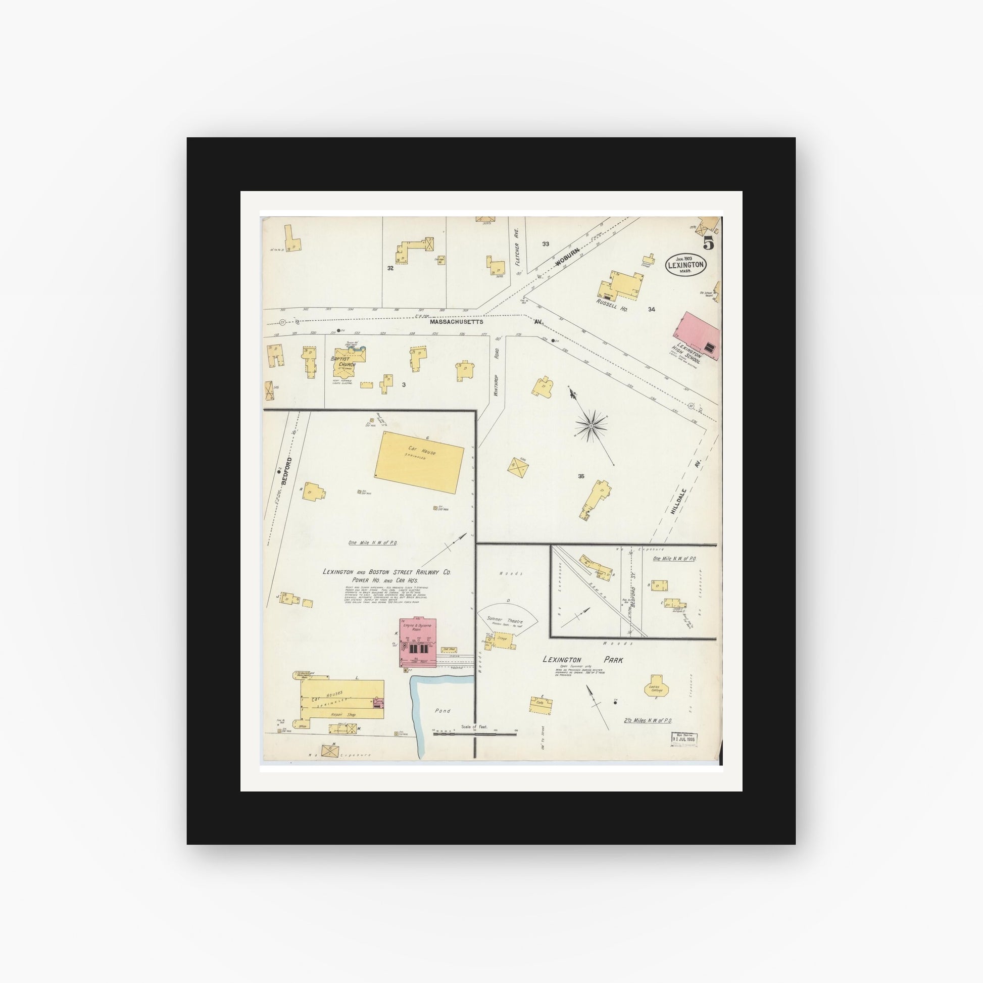 Old map wall art mockup — black gallery frame with white mat — Sanborn Fire Insurance Map from Lexington, Middlesex County, Massachusetts (1903), Sheet #0005