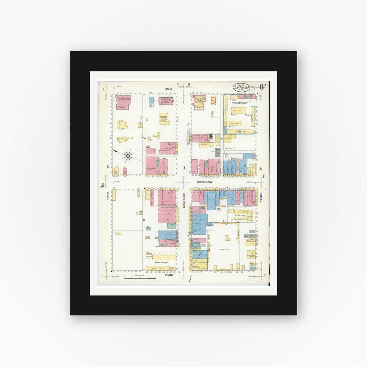 Old map wall art mockup — black gallery frame with white mat — Sanborn Fire Insurance Map from San Angelo, Tom Green County, Texas (1908), Sheet #0008