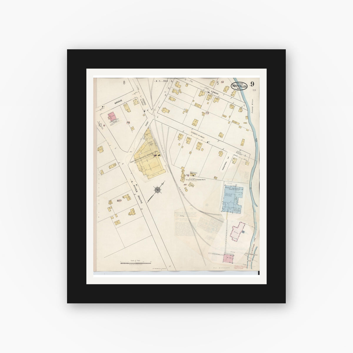 Old map wall art mockup — black gallery frame with white mat — Sanborn Fire Insurance Map from Waterloo, Seneca County, New York (1948), Sheet #0009