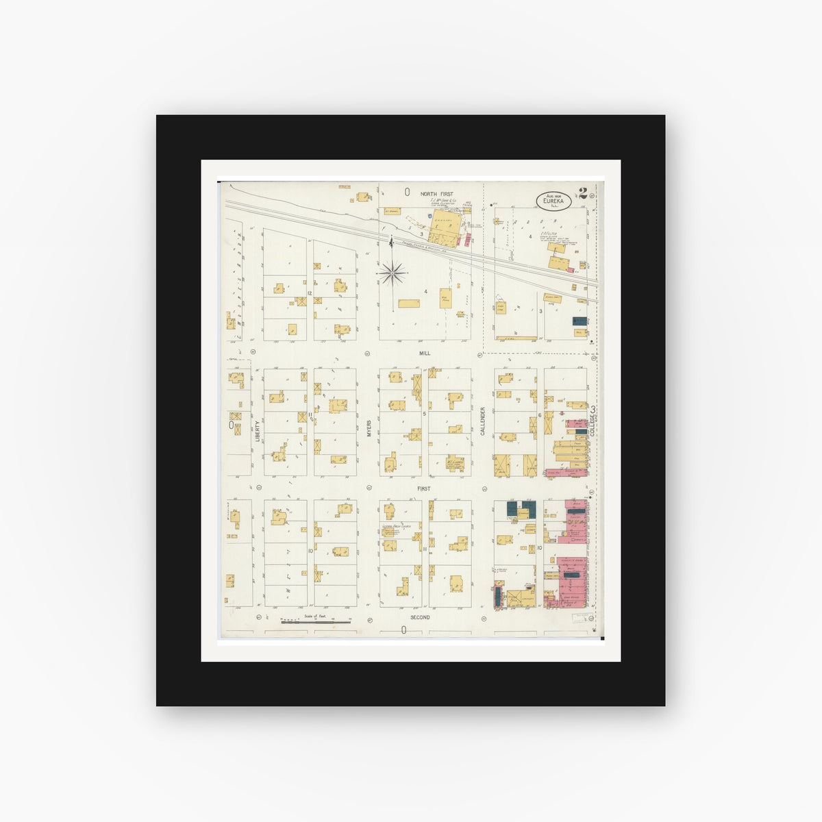 Old map wall art mockup — black gallery frame with white mat — Sanborn Fire Insurance Map from Eureka, Woodford County, Illinois (1906), Sheet #0002