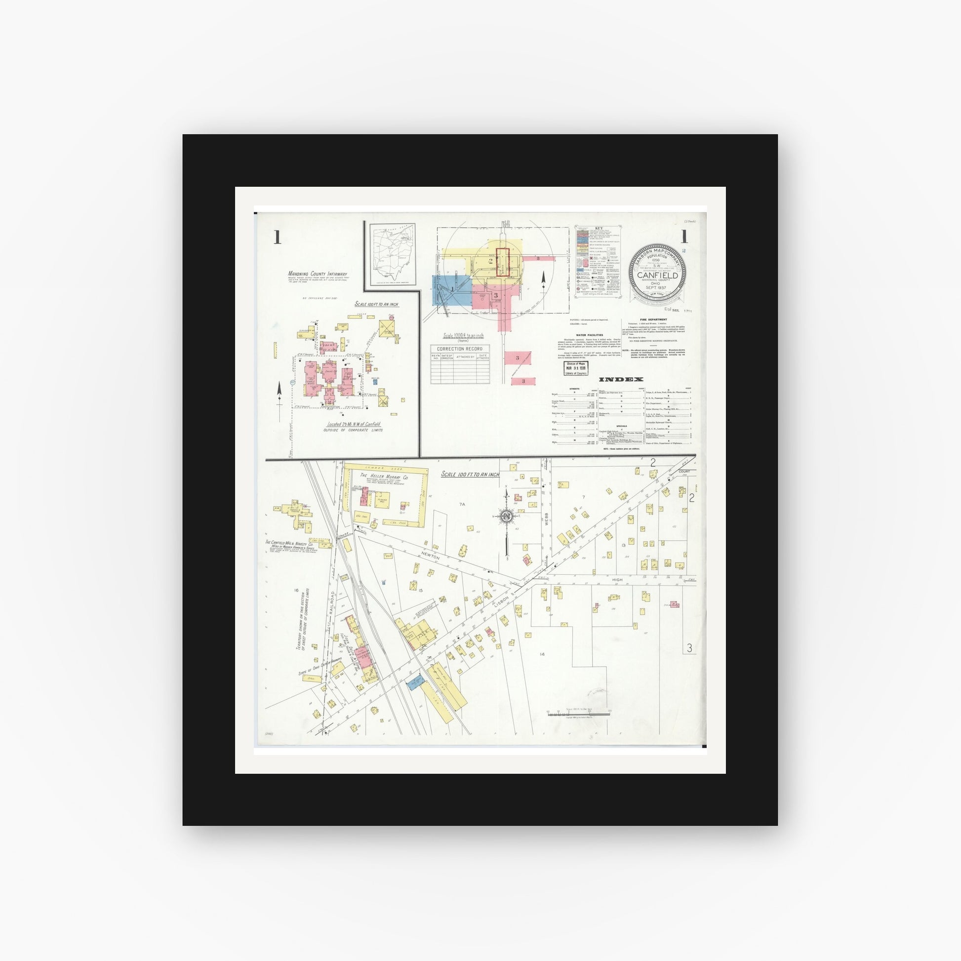 Old map wall art mockup — black gallery frame with white mat — Sanborn Fire Insurance Map from Canfield, Mahoning County, Ohio (1937), Sheet #0001