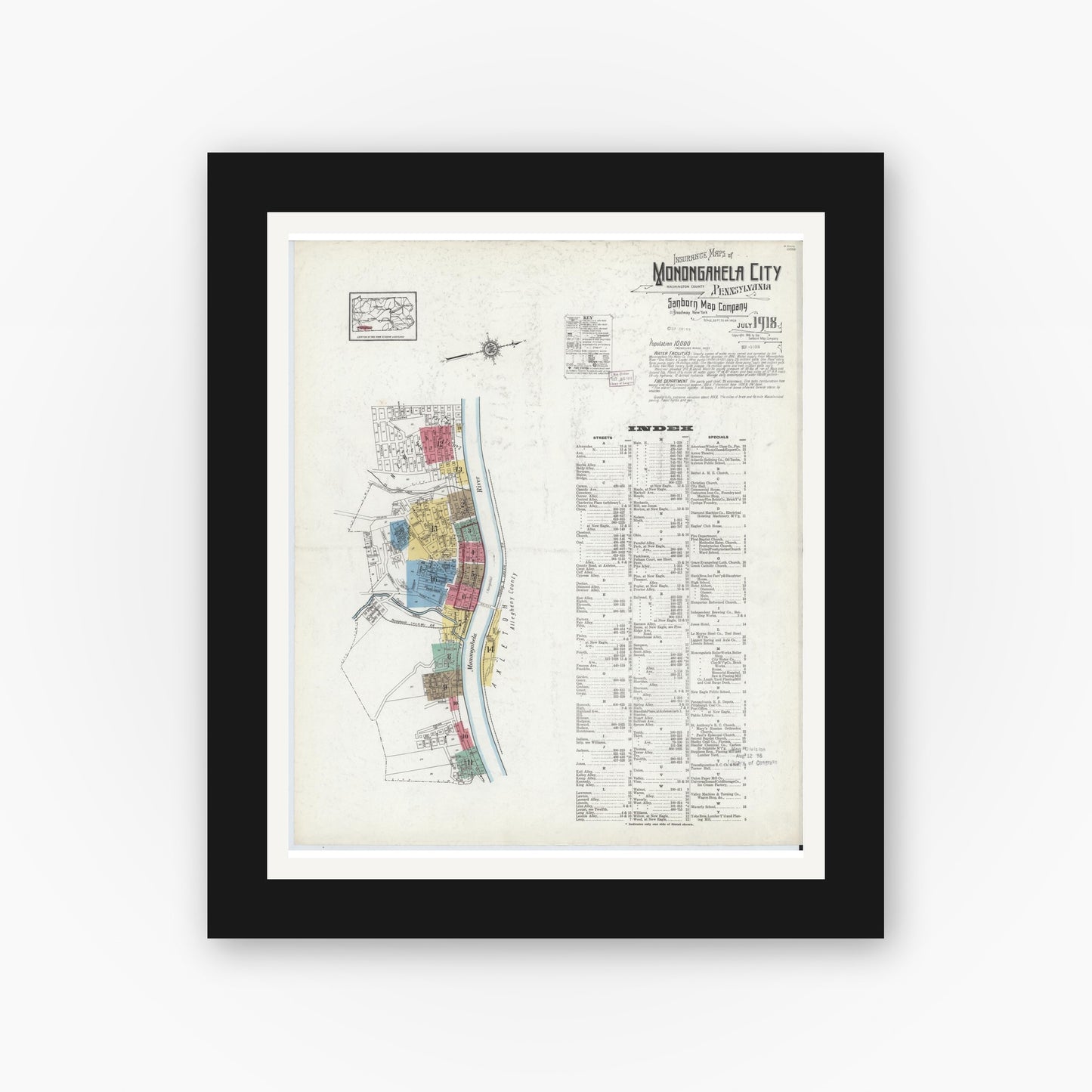 Old map wall art mockup — black gallery frame with white mat — Sanborn Fire Insurance Map from Monongahela City, Washington County, Pennsylvania (1918), Sheet #0001