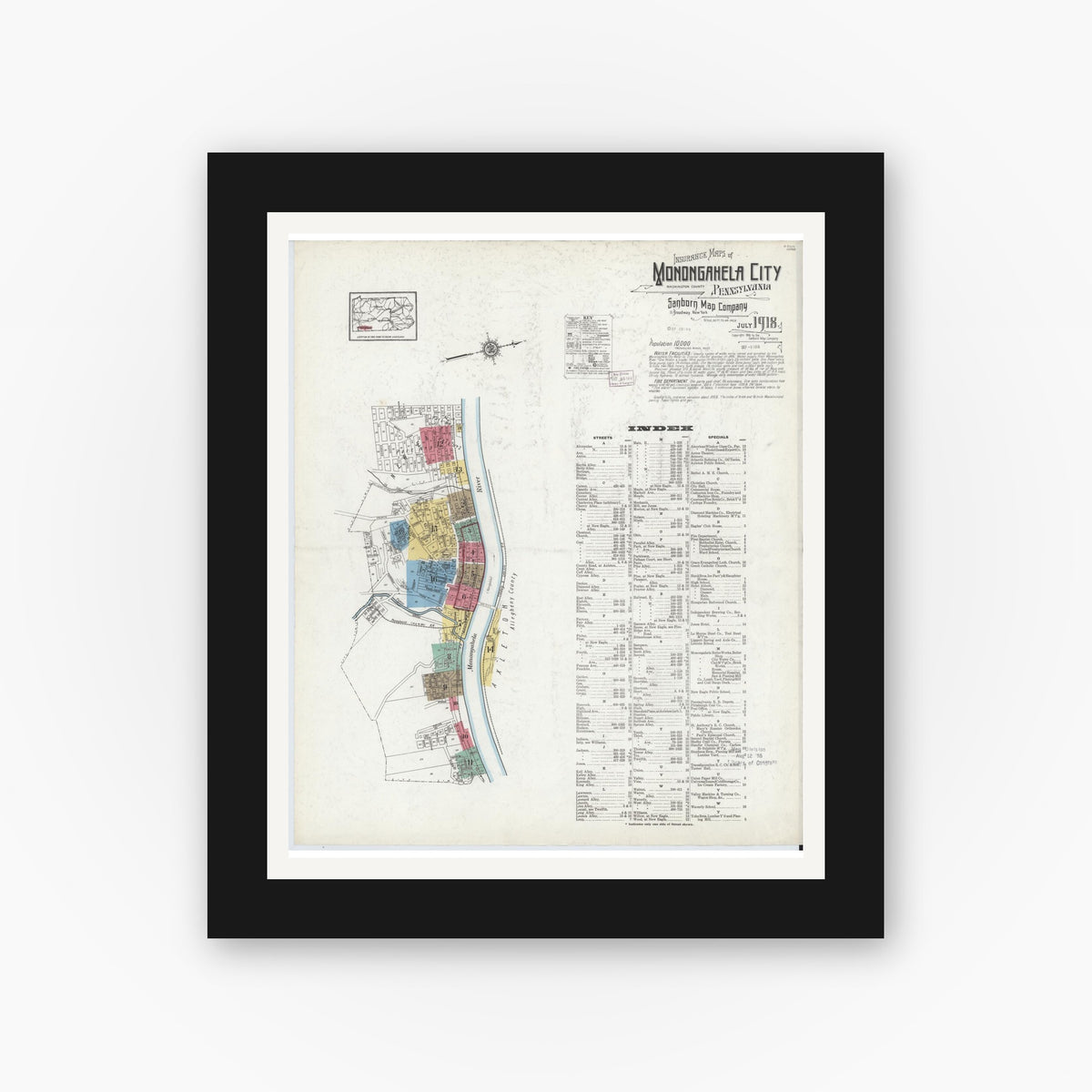 Old map wall art mockup — black gallery frame with white mat — Sanborn Fire Insurance Map from Monongahela City, Washington County, Pennsylvania (1918), Sheet #0001