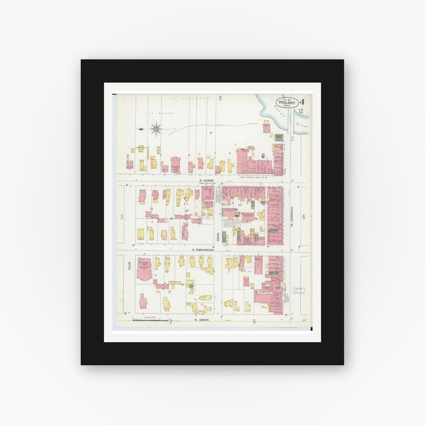 Old map wall art mockup — black gallery frame with white mat — Sanborn Fire Insurance Map from Ypsilanti, Washtenaw County, Michigan (1899), Sheet #0004
