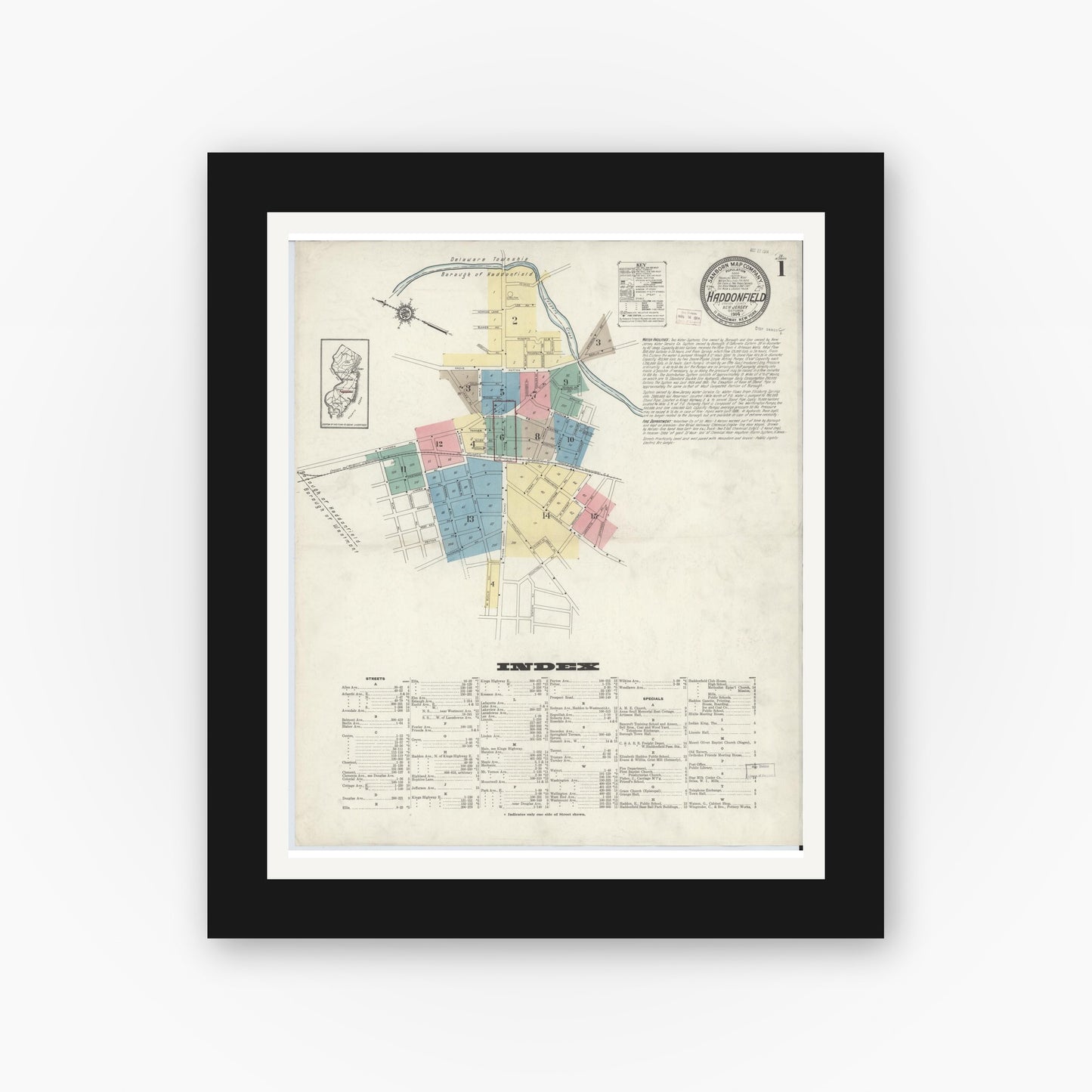 Old map wall art mockup — black gallery frame with white mat — Sanborn Fire Insurance Map from Haddonfield, Camden County, New Jersey (1914), Sheet #0001