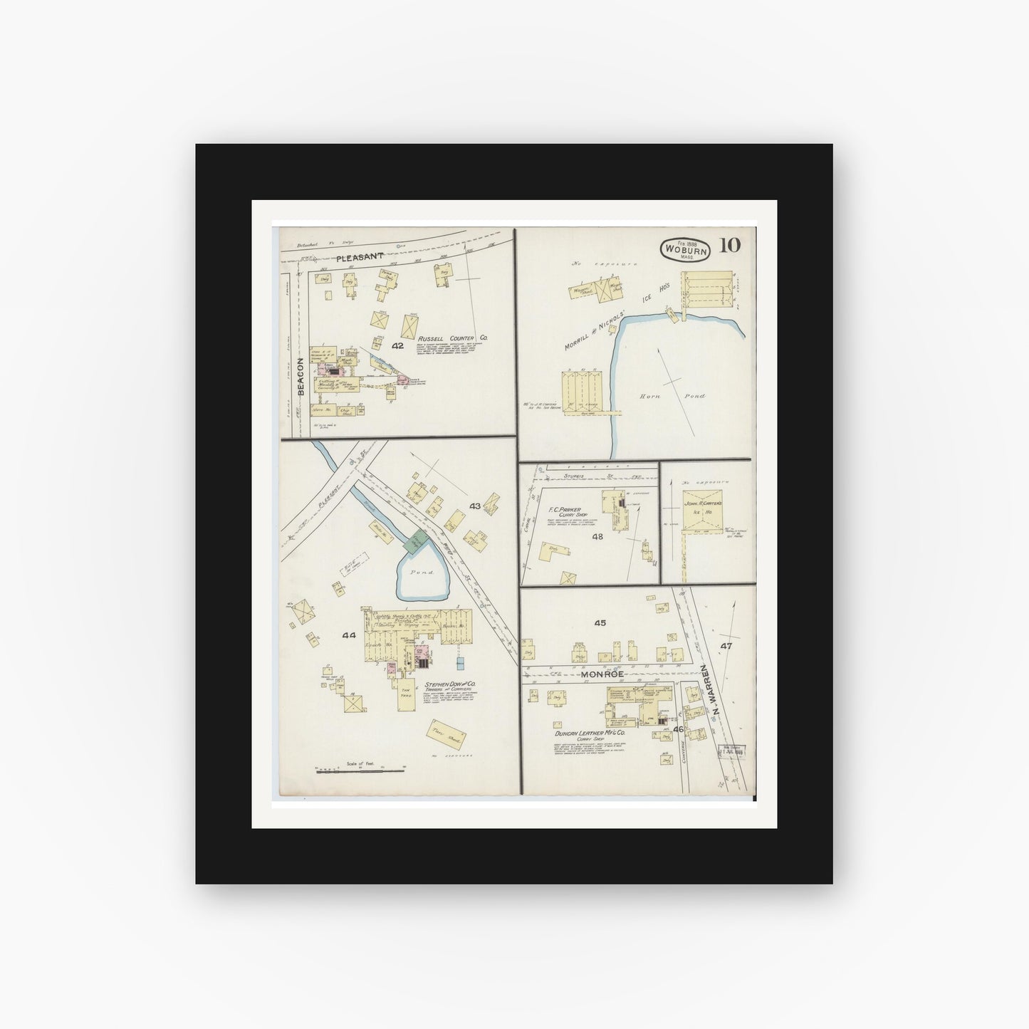 Old map wall art mockup — black gallery frame with white mat — Sanborn Fire Insurance Map from Woburn, Middlesex County, Massachusetts (1888), Sheet #0010