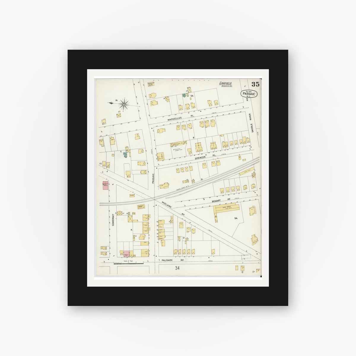 Old map wall art mockup — black gallery frame with white mat — Sanborn Fire Insurance Map from Passaic, Passaic County, New Jersey (1903), Sheet #0035
