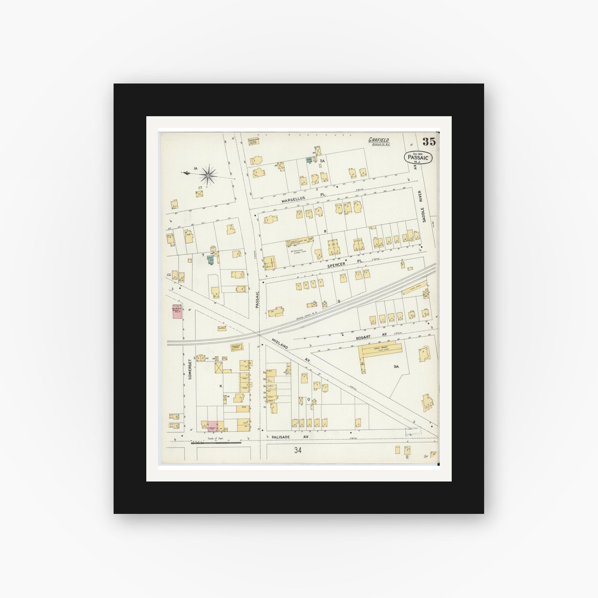 Old map wall art mockup — black gallery frame with white mat — Sanborn Fire Insurance Map from Passaic, Passaic County, New Jersey (1903), Sheet #0035