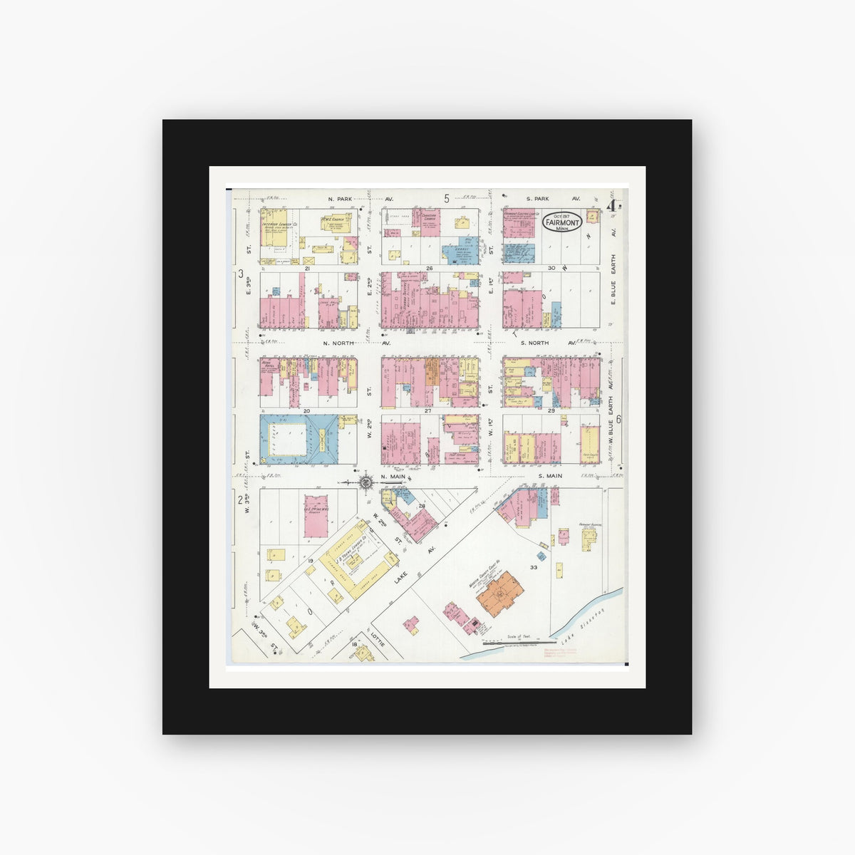 Old map wall art mockup — black gallery frame with white mat — Sanborn Fire Insurance Map from Fairmont, Martin County, Minnesota (1917), Sheet #0004