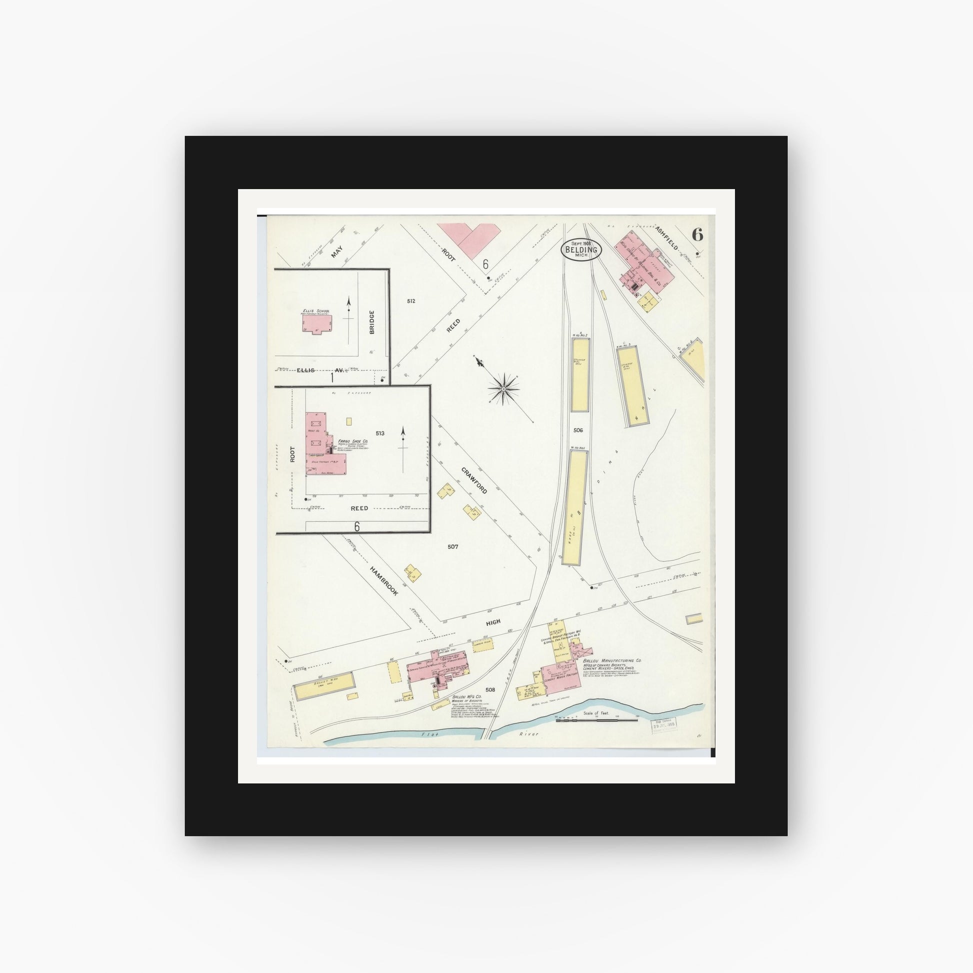 Old map wall art mockup — black gallery frame with white mat — Sanborn Fire Insurance Map from Belding, Ionia County, Michigan (1908), Sheet #0006