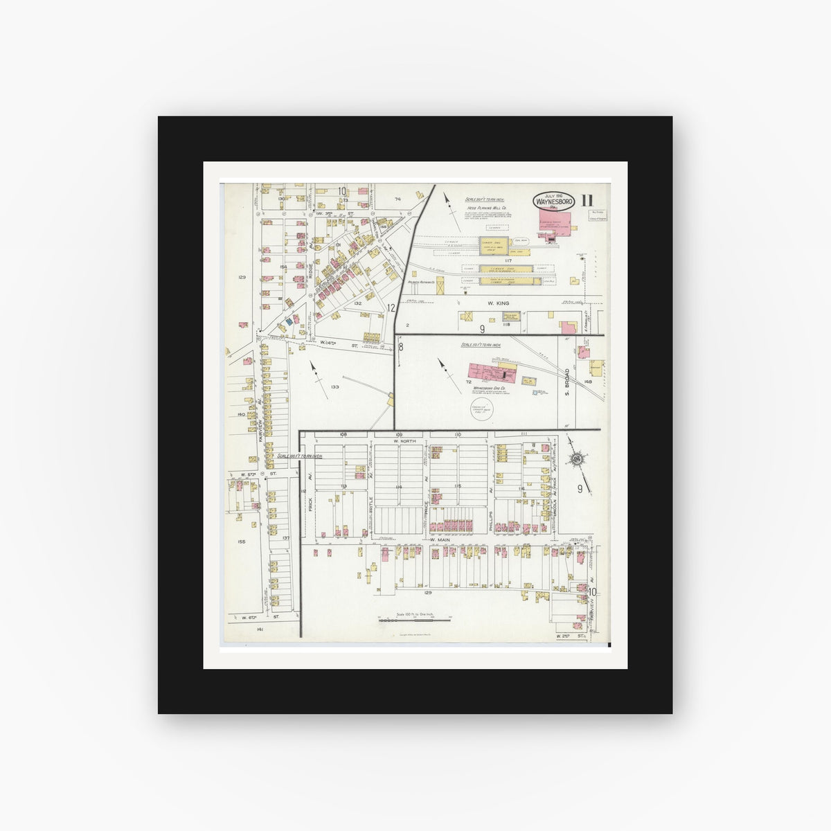 Old map wall art mockup — black gallery frame with white mat — Sanborn Fire Insurance Map from Waynesboro, Franklin County, Pennsylvania (1916), Sheet #0011