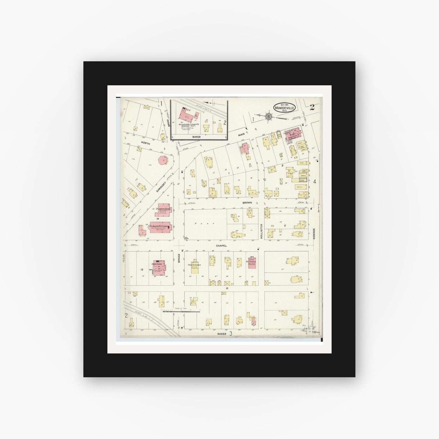 Old map wall art mockup — black gallery frame with white mat — Sanborn Fire Insurance Map from Monroeville, Huron County, Ohio (1911), Sheet #0002