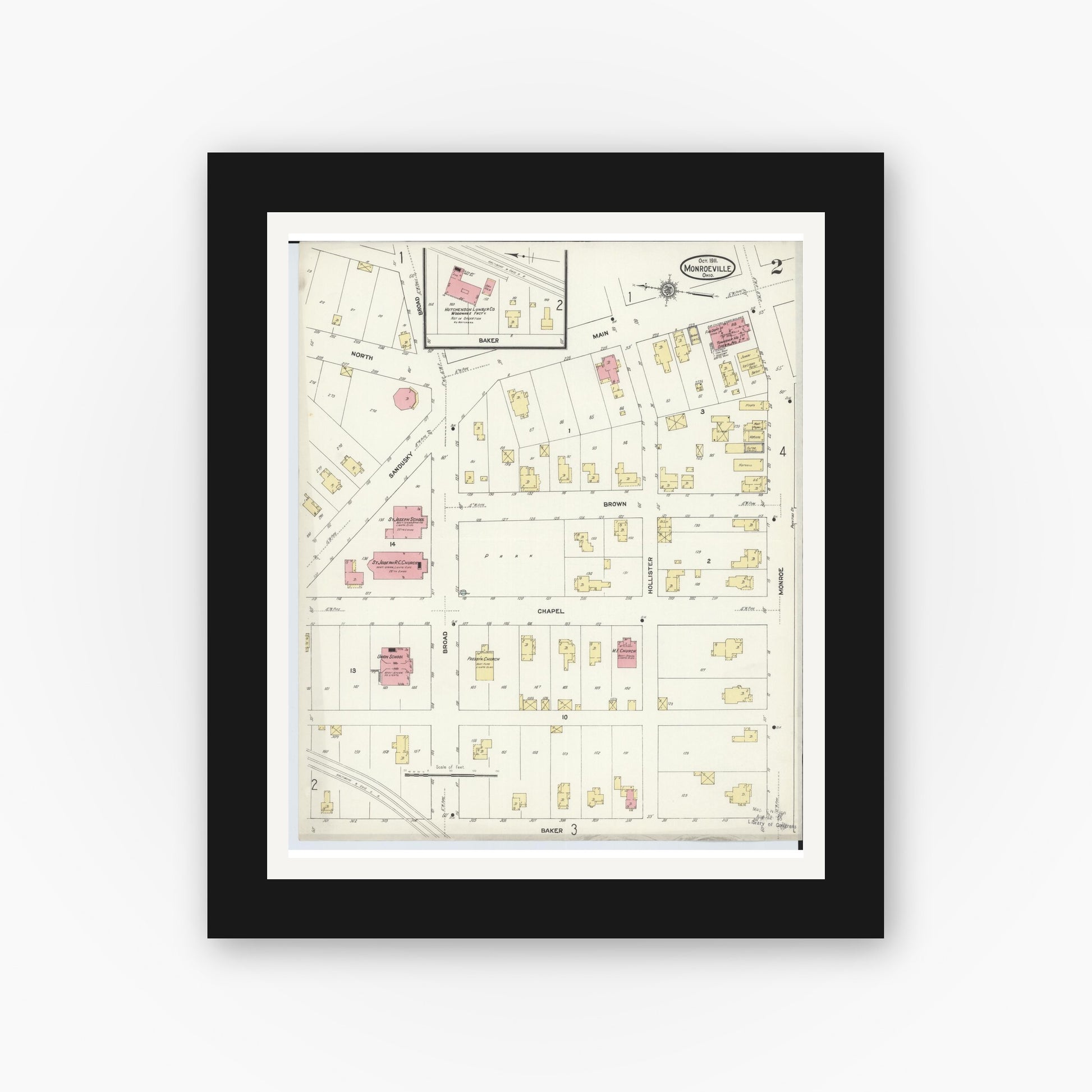 Old map wall art mockup — black gallery frame with white mat — Sanborn Fire Insurance Map from Monroeville, Huron County, Ohio (1911), Sheet #0002