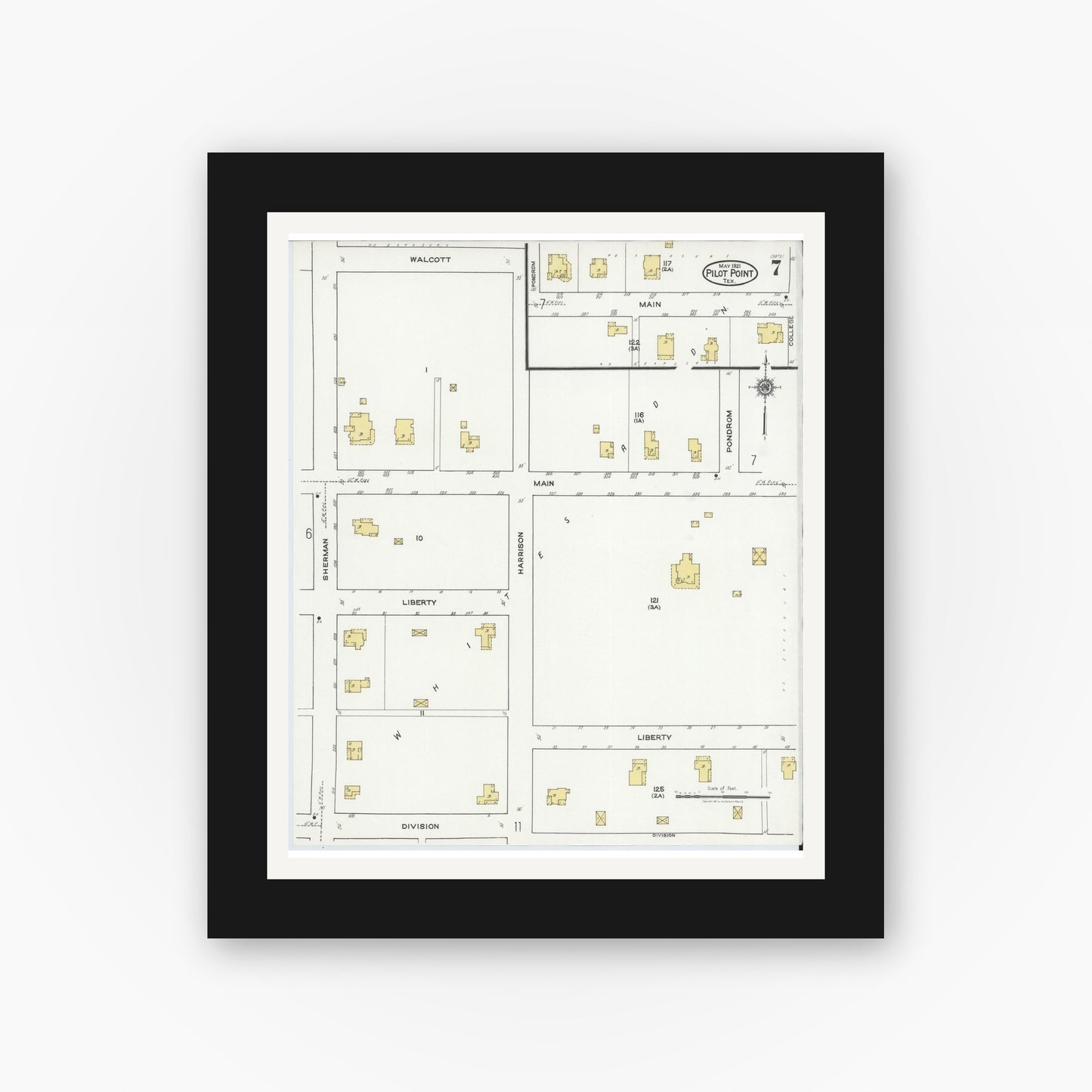 Old map wall art mockup — black gallery frame with white mat — Sanborn Fire Insurance Map from Pilot Point, Denton County, Texas (1921), Sheet #0007