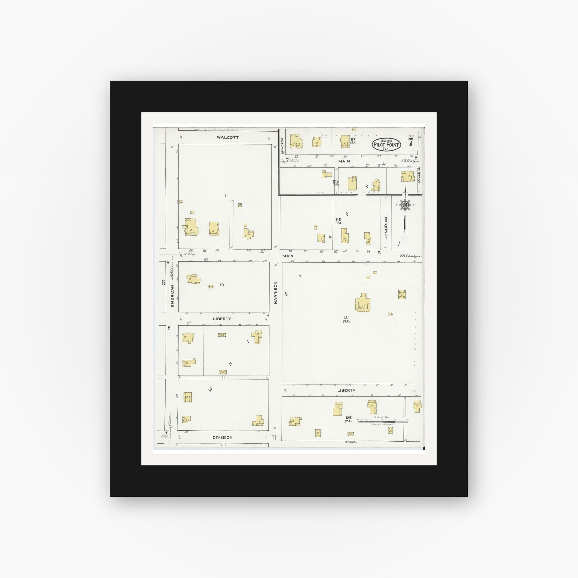 Old map wall art mockup — black gallery frame with white mat — Sanborn Fire Insurance Map from Pilot Point, Denton County, Texas (1921), Sheet #0007