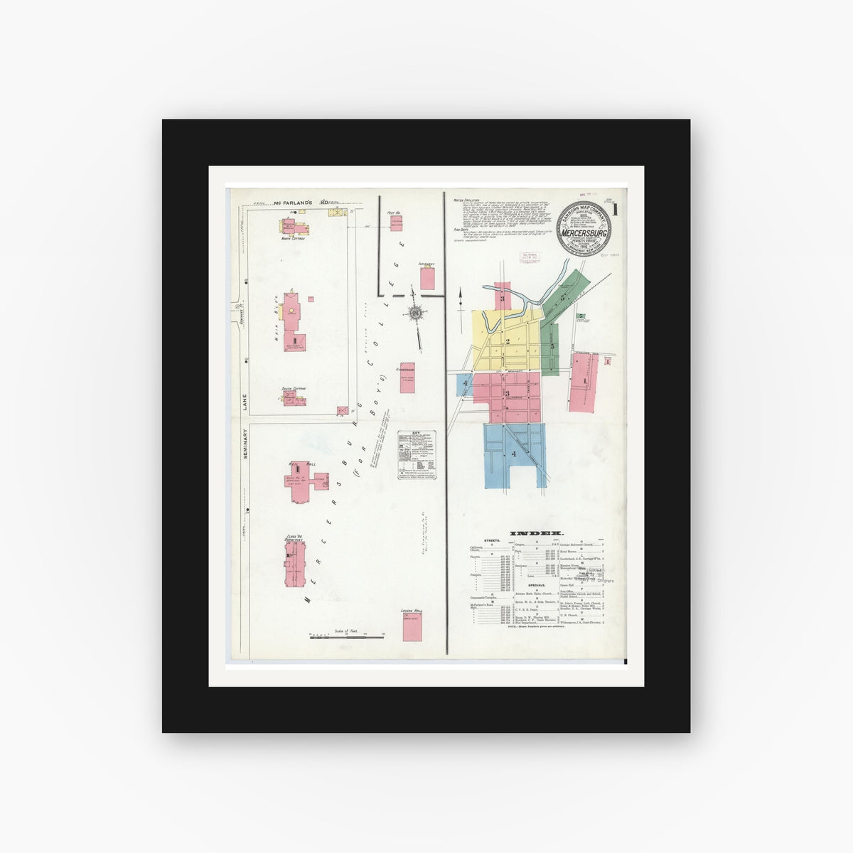 Old map wall art mockup — black gallery frame with white mat — Sanborn Fire Insurance Map from Mercersburg, Franklin County, Pennsylvania (1910) - Complete Map Set