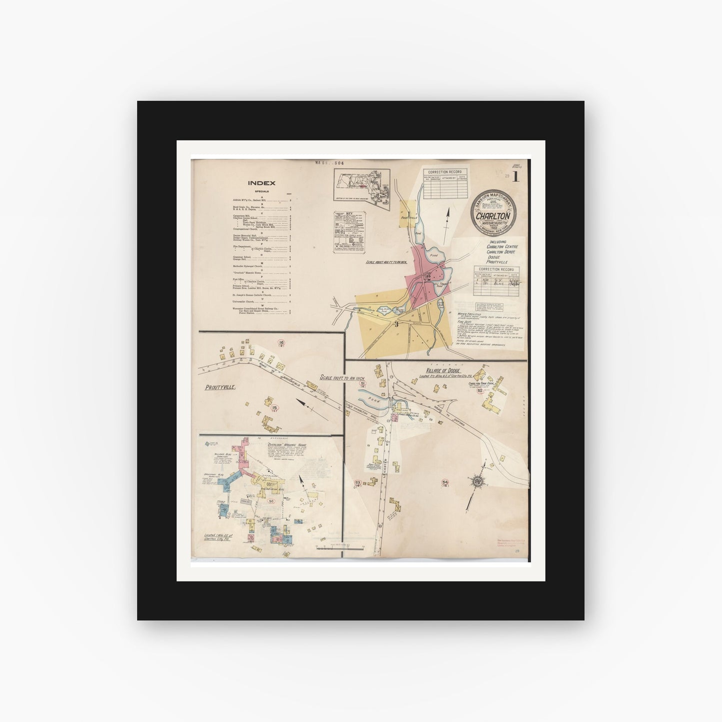 Old map wall art mockup — black gallery frame with white mat — Sanborn Fire Insurance Map from Charlton, Worcester County, Massachusetts (1945), Sheet #0001
