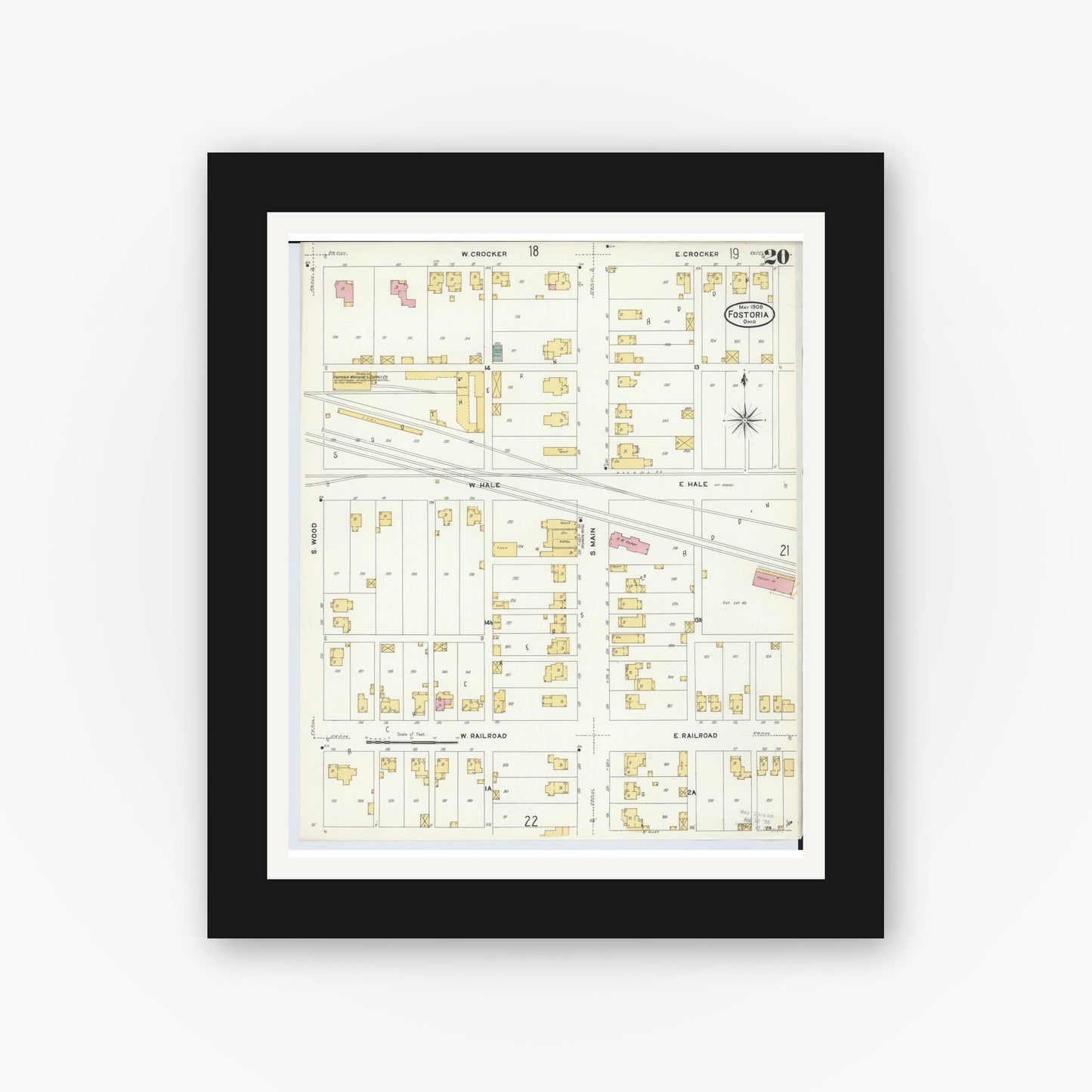 Old map wall art mockup — black gallery frame with white mat — Sanborn Fire Insurance Map from Fostoria, Seneca, Hancock, And Wood Counties, Ohio (1908), Sheet #0020