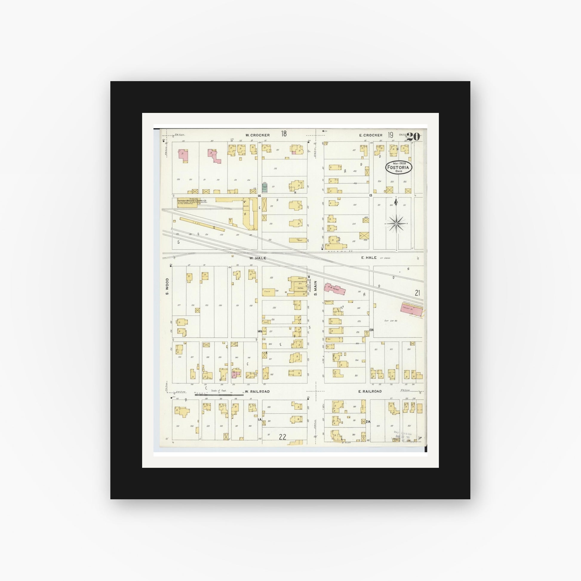Old map wall art mockup — black gallery frame with white mat — Sanborn Fire Insurance Map from Fostoria, Seneca, Hancock, And Wood Counties, Ohio (1908), Sheet #0020