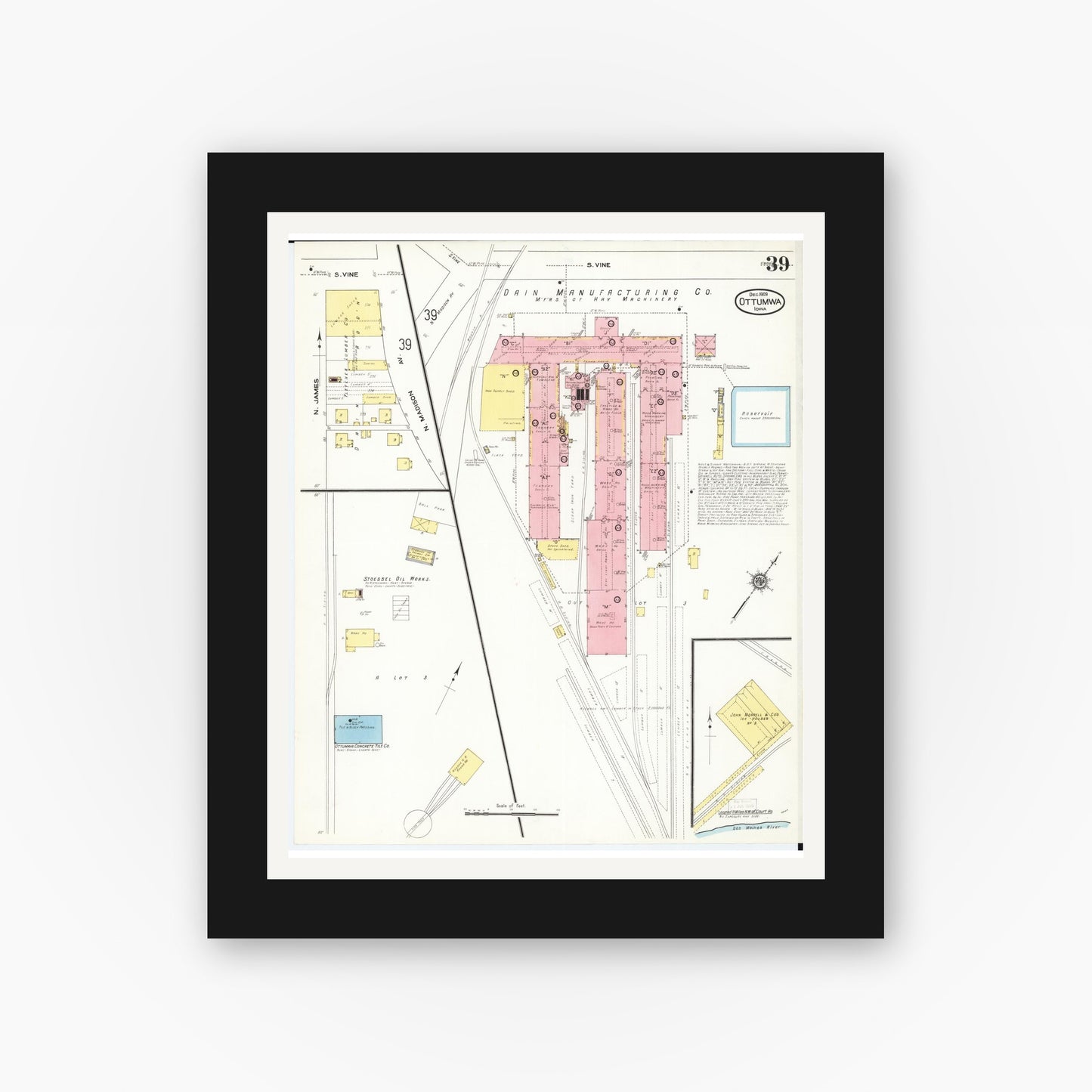 Old map wall art mockup — black gallery frame with white mat — Sanborn Fire Insurance Map from Ottumwa, Wapello County, Iowa (1909), Sheet #0039