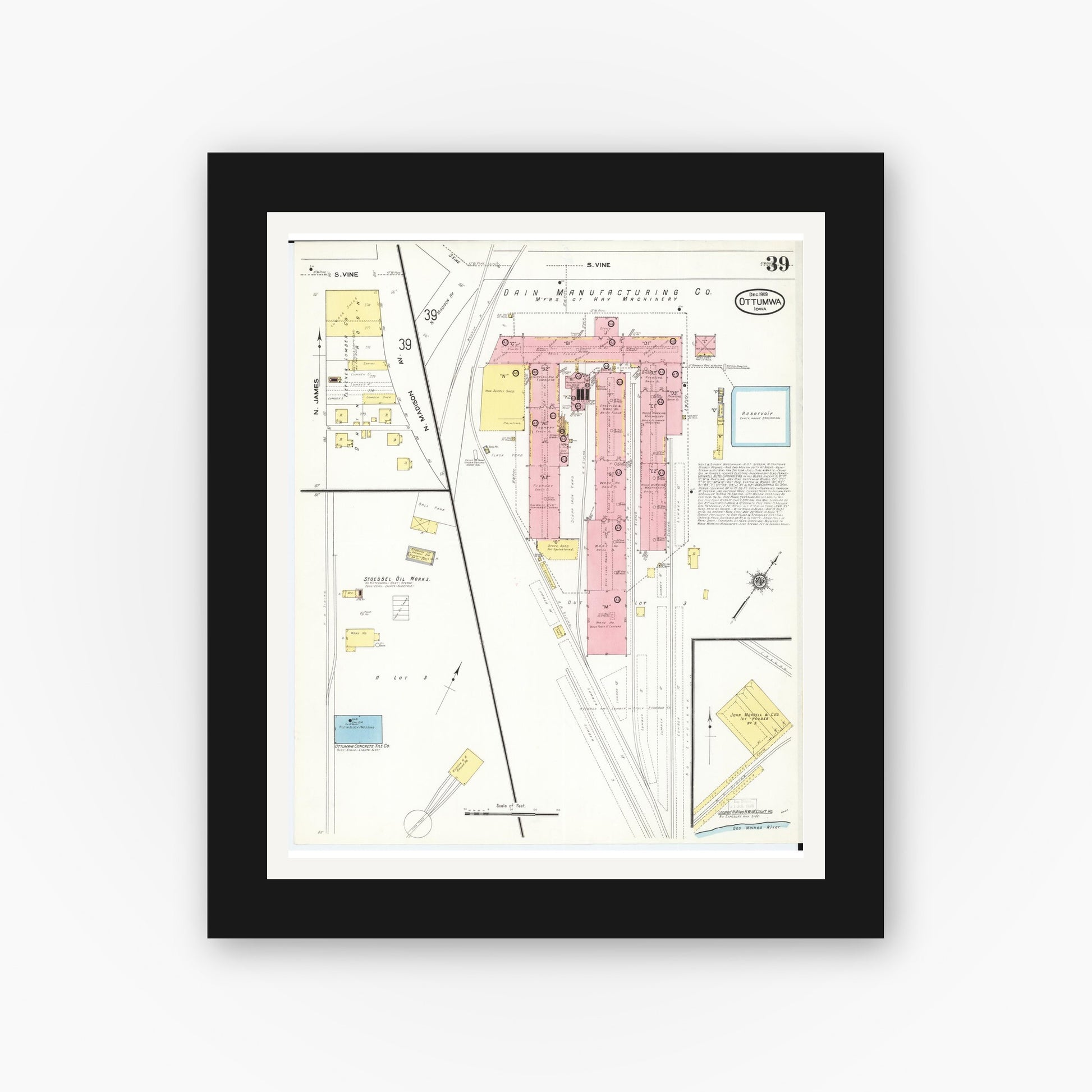 Old map wall art mockup — black gallery frame with white mat — Sanborn Fire Insurance Map from Ottumwa, Wapello County, Iowa (1909), Sheet #0039