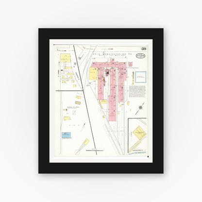 Old map wall art mockup — black gallery frame with white mat — Sanborn Fire Insurance Map from Ottumwa, Wapello County, Iowa (1909), Sheet #0039