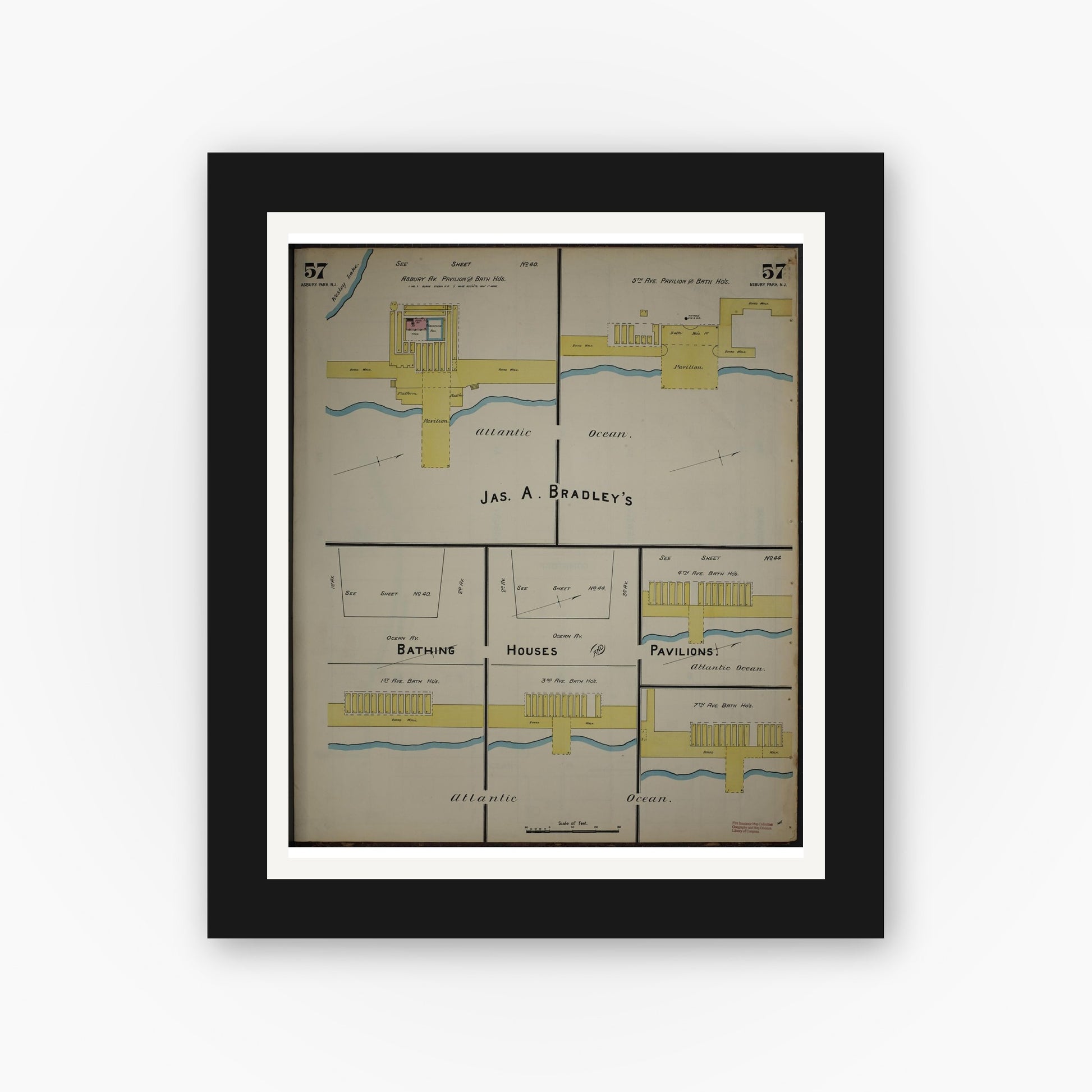 Old map wall art mockup — black gallery frame with white mat — Sanborn Fire Insurance Map from New Jersey Coast, New Jersey Coast, New Jersey (1890), Sheet #0057