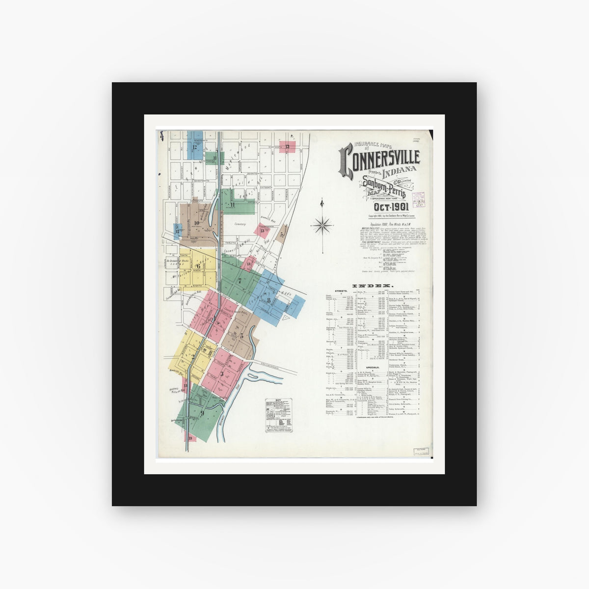Old map wall art mockup — black gallery frame with white mat — Sanborn Fire Insurance Map from Connersville, Fayette County, Indiana (1901) - Complete Map Set