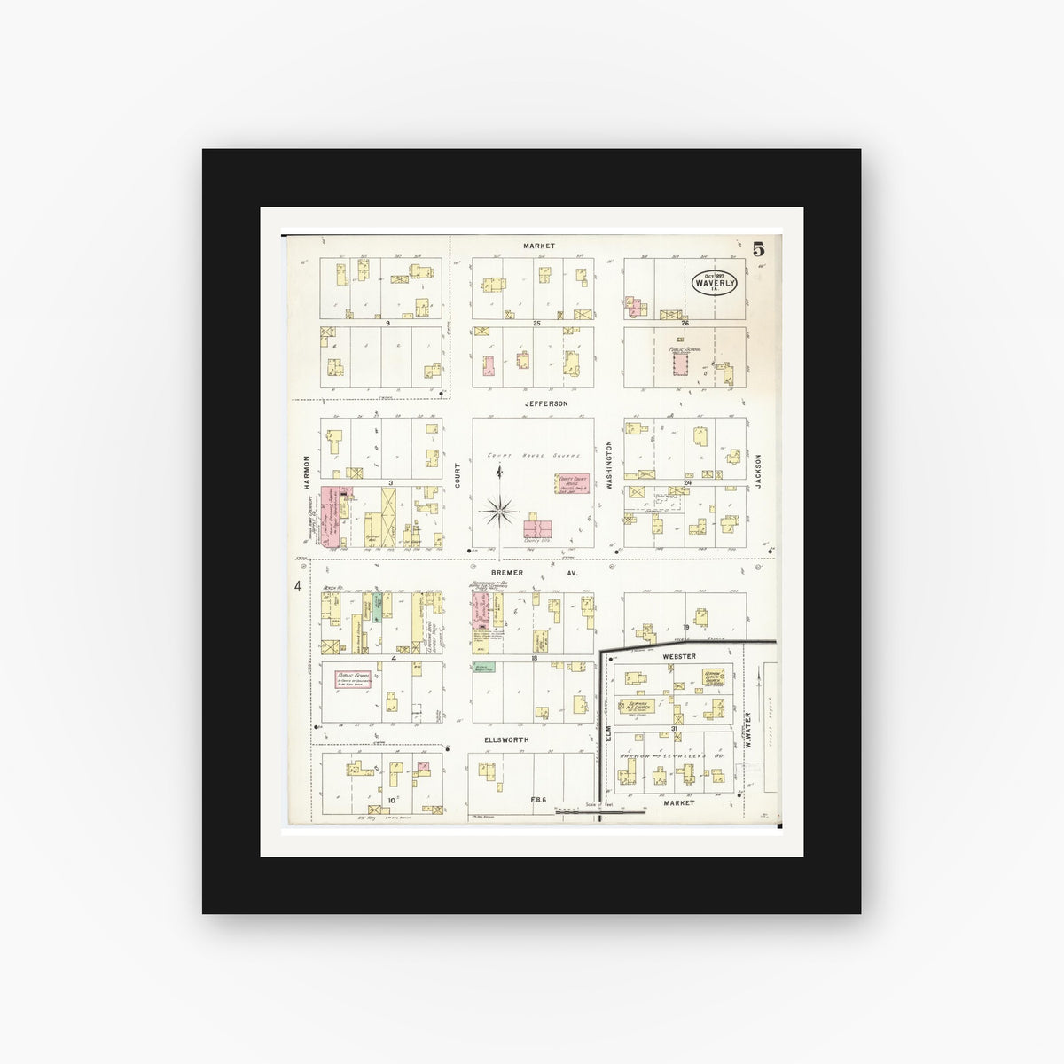 Old map wall art mockup — black gallery frame with white mat — Sanborn Fire Insurance Map from Waverly, Bremer County, Iowa (1897), Sheet #0005