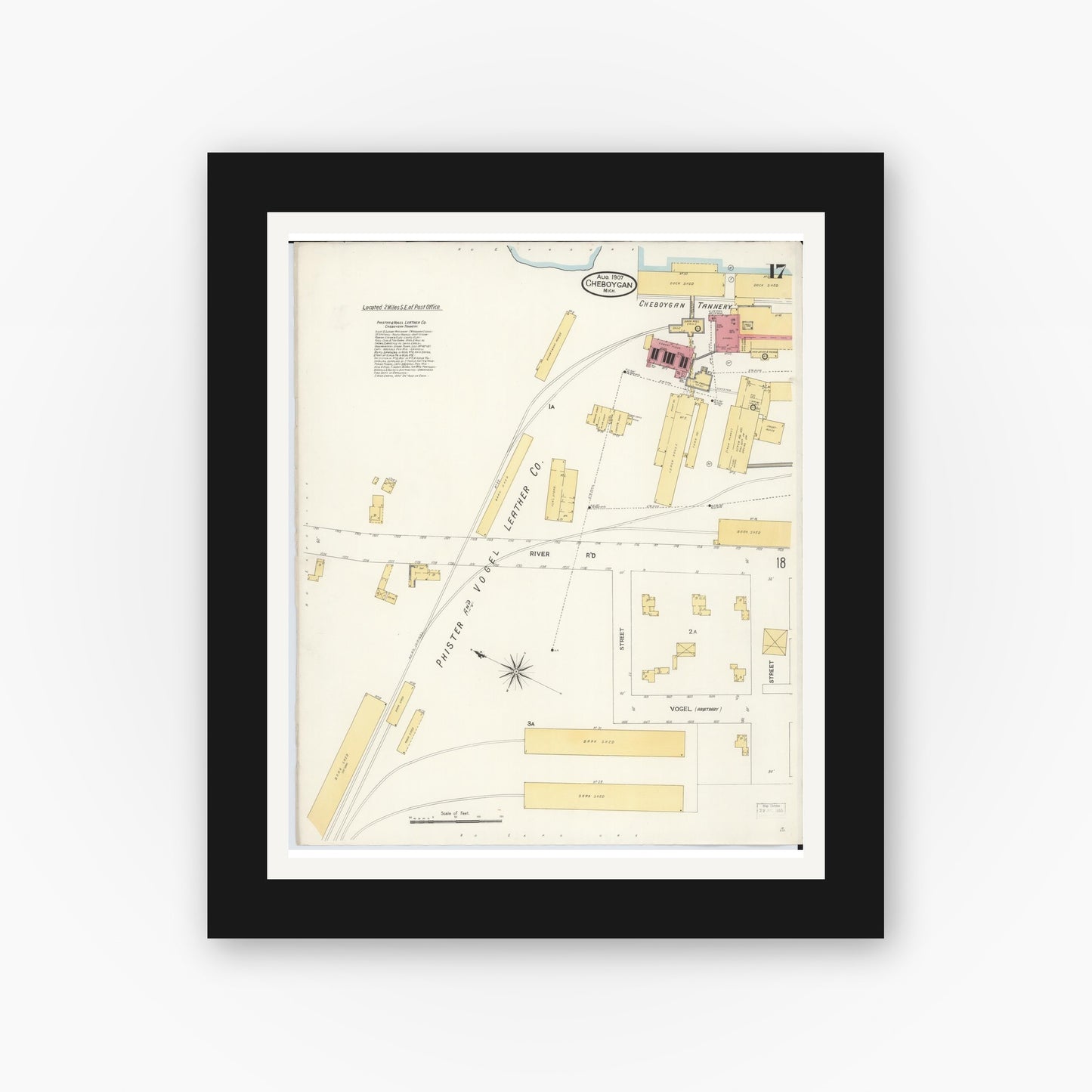 Old map wall art mockup — black gallery frame with white mat — Sanborn Fire Insurance Map from Cheboygan, Cheboygan County, Michigan (1907), Sheet #0017