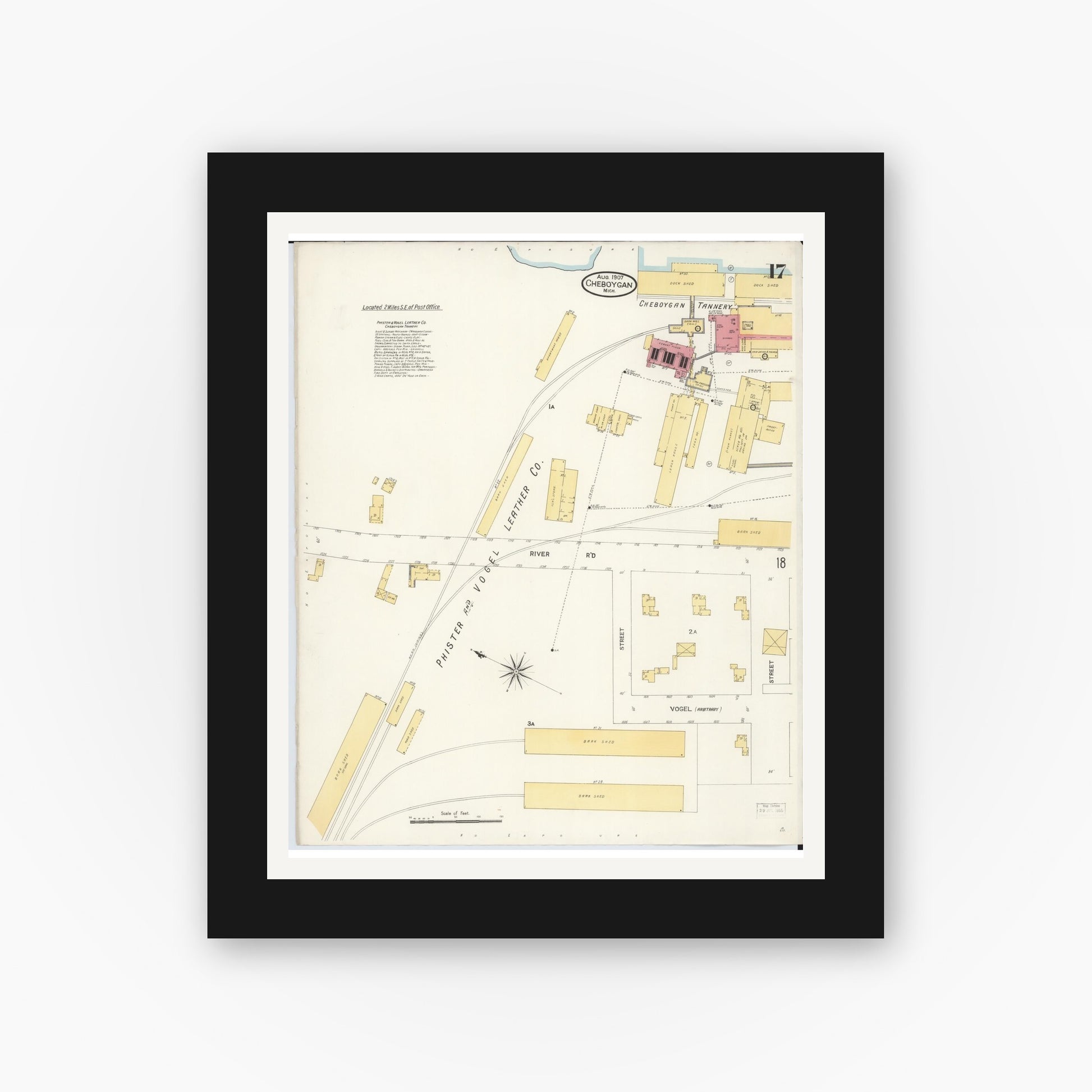 Old map wall art mockup — black gallery frame with white mat — Sanborn Fire Insurance Map from Cheboygan, Cheboygan County, Michigan (1907), Sheet #0017