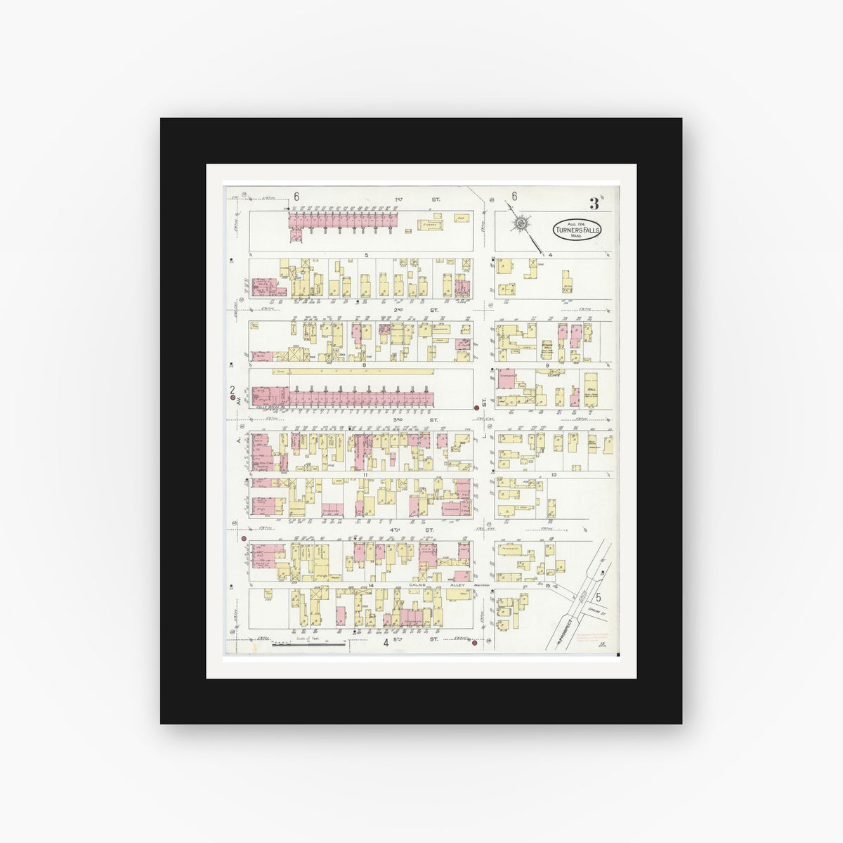 Old map wall art mockup — black gallery frame with white mat — Sanborn Fire Insurance Map from Turners Falls, Franklin County, Massachusetts (1914), Sheet #0003