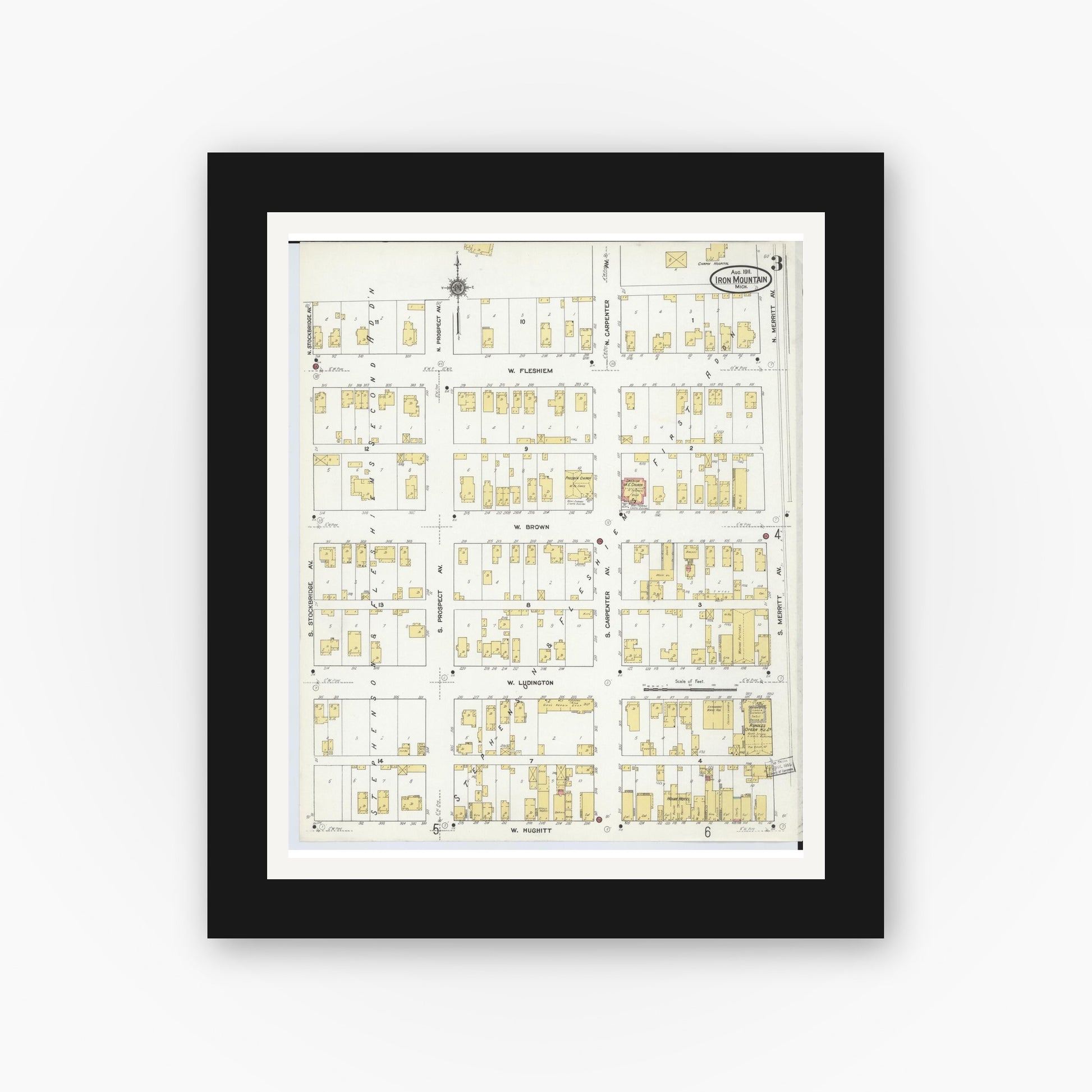 Old map wall art mockup — black gallery frame with white mat — Sanborn Fire Insurance Map from Iron Mountain, Dickinson County, Michigan (1911), Sheet #0003