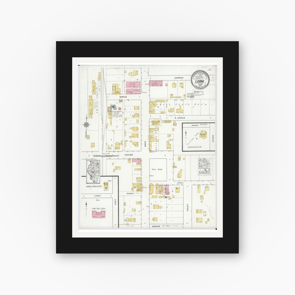 Old map wall art mockup — black gallery frame with white mat — Sanborn Fire Insurance Map from Loami, Sangamon County, Illinois (1917), Sheet #0001