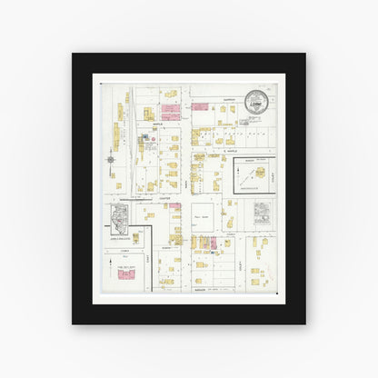 Old map wall art mockup — black gallery frame with white mat — Sanborn Fire Insurance Map from Loami, Sangamon County, Illinois (1917), Sheet #0001