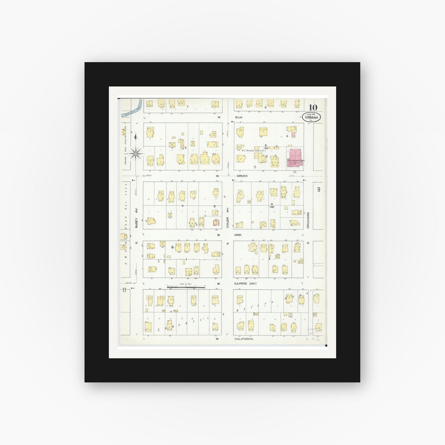 Old map wall art mockup — black gallery frame with white mat — Sanborn Fire Insurance Map from Urbana, Champaign County, Illinois (1909), Sheet #0010