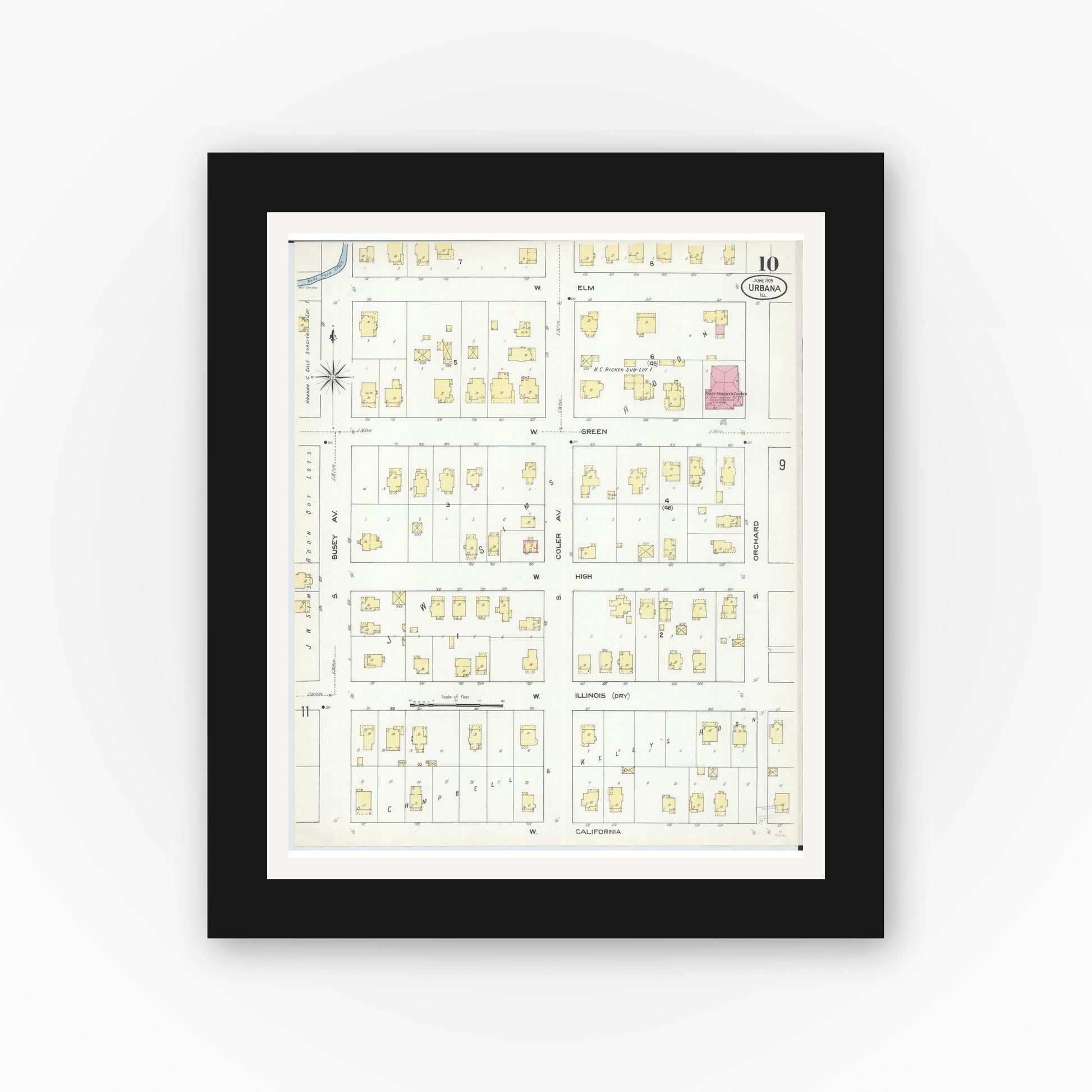 Old map wall art mockup — black gallery frame with white mat — Sanborn Fire Insurance Map from Urbana, Champaign County, Illinois (1909), Sheet #0010