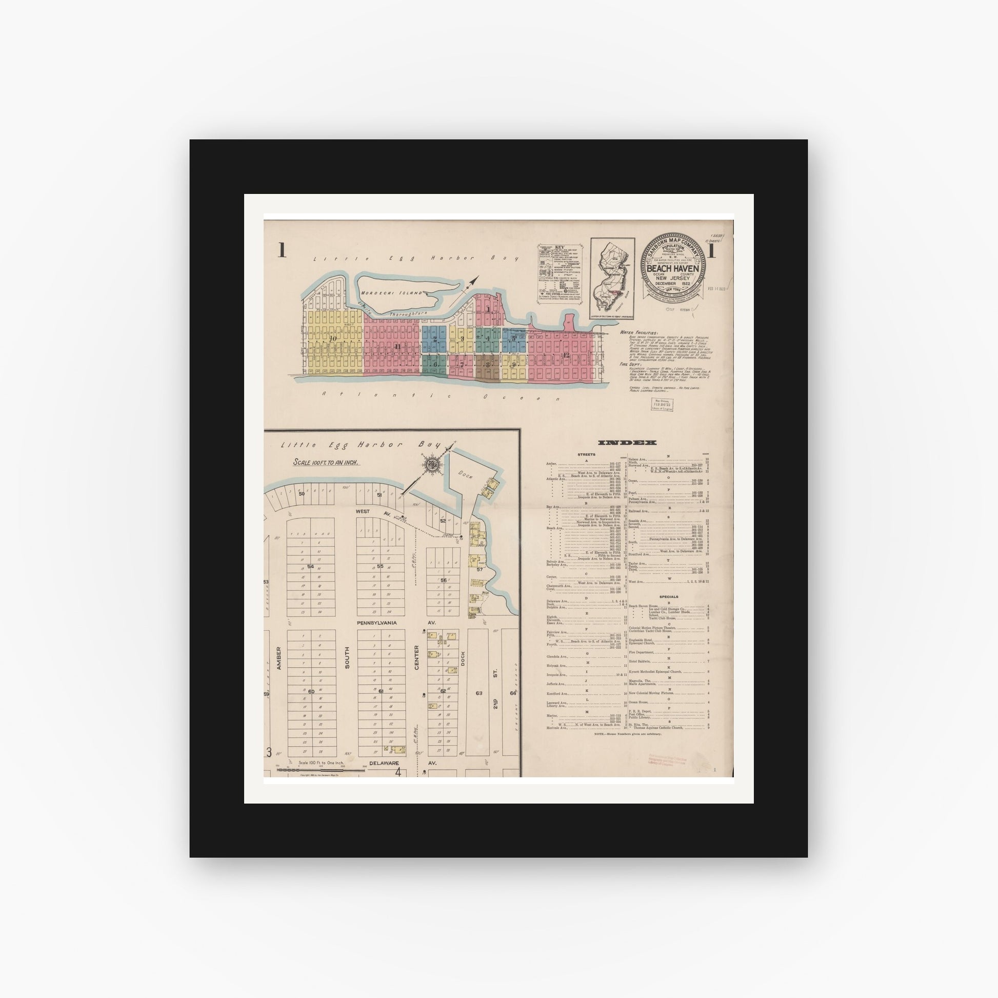 Old map wall art mockup — black gallery frame with white mat — Sanborn Fire Insurance Map from Beach Haven, Ocean County, New Jersey (1922) - Complete Map Set