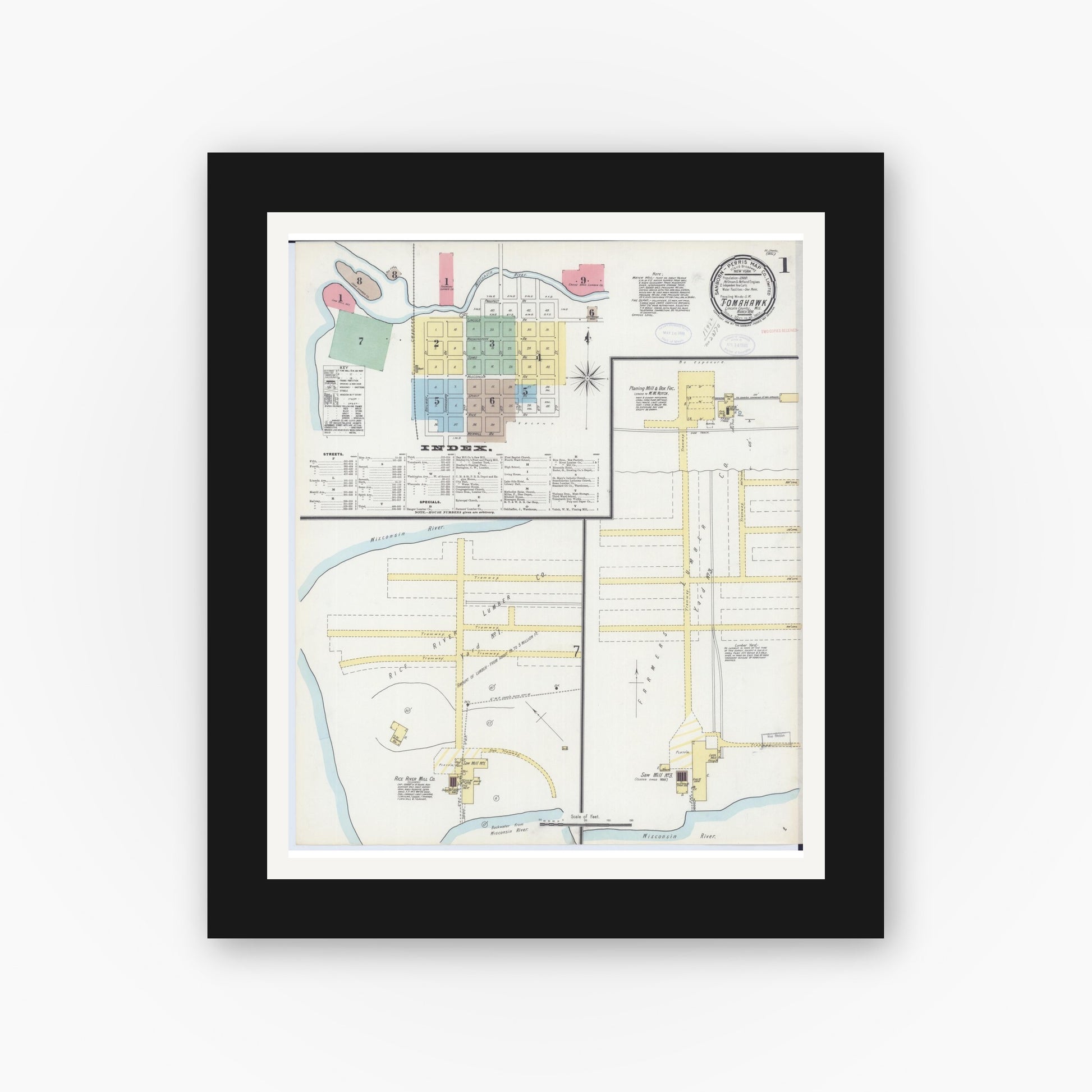 Old map wall art mockup — black gallery frame with white mat — Sanborn Fire Insurance Map from Tomahawk, Lincoln County, Wisconsin (1898), Sheet #0001
