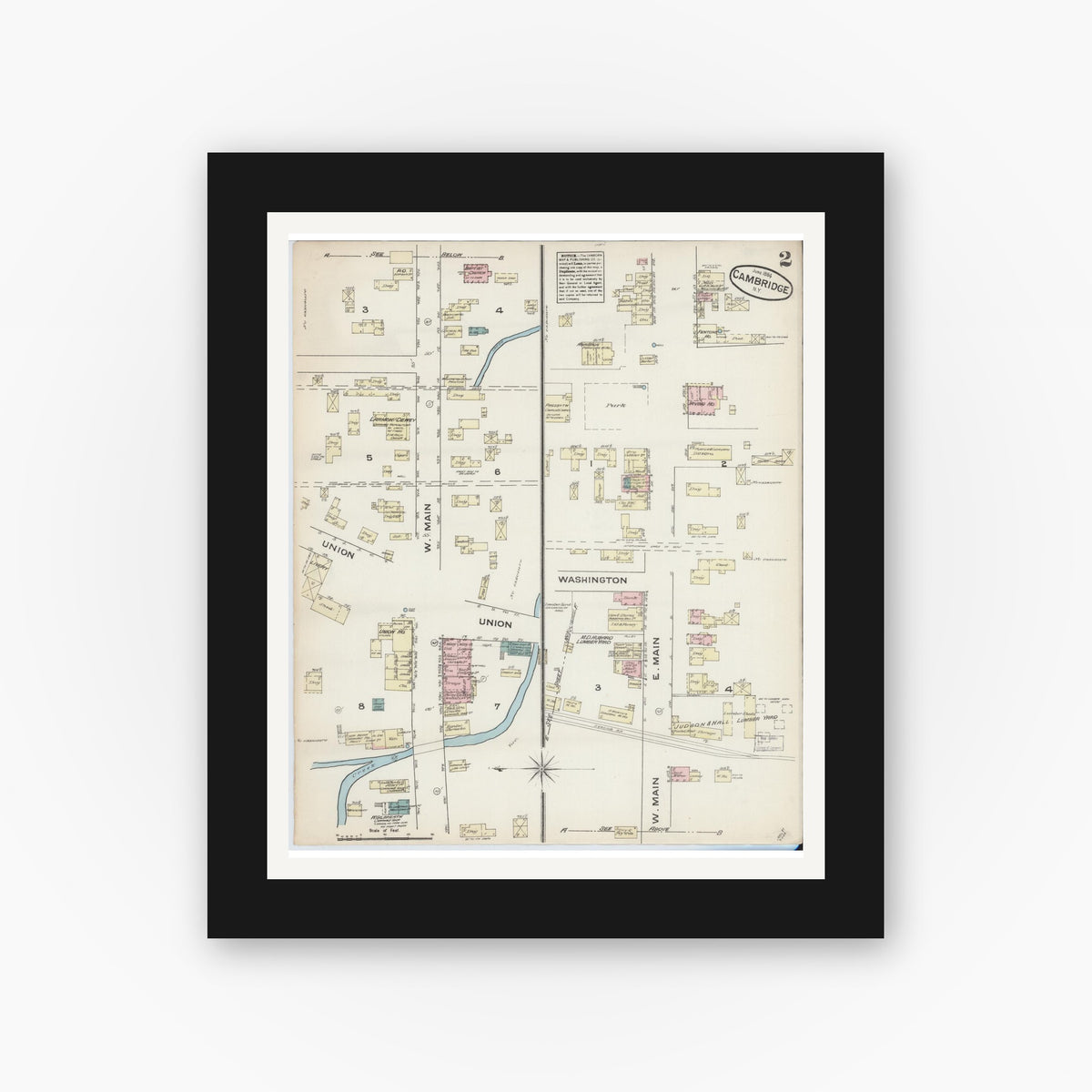 Old map wall art mockup — black gallery frame with white mat — Sanborn Fire Insurance Map from Cambridge, Washington County, New York (1884), Sheet #0002