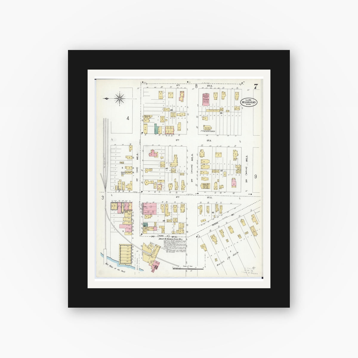 Old map wall art mockup — black gallery frame with white mat — Sanborn Fire Insurance Map from Moorhead, Clay County, Minnesota (1906), Sheet #0007