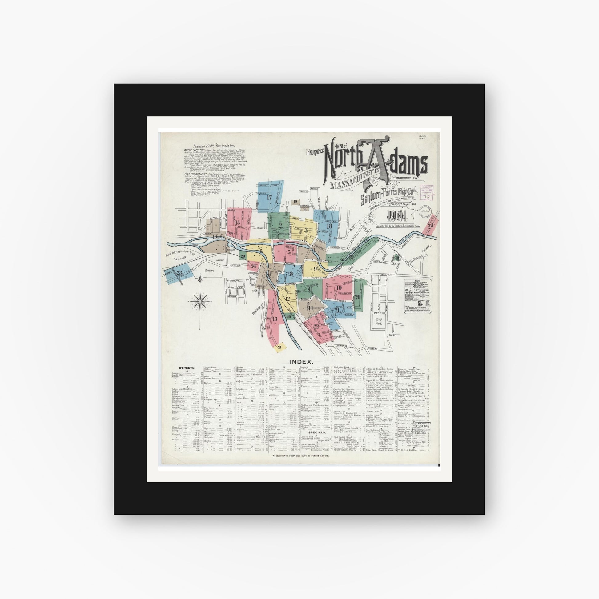 Old map wall art mockup — black gallery frame with white mat — Sanborn Fire Insurance Map from North Adams, Berkshire County, Massachusetts (1901) - Complete Map Set