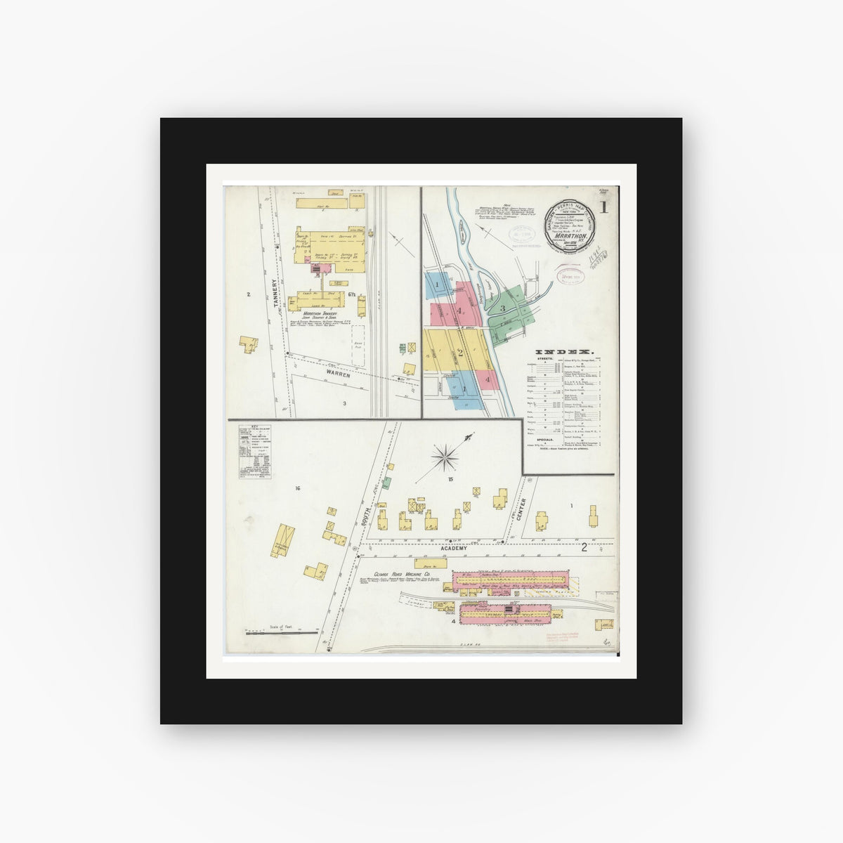 Old map wall art mockup — black gallery frame with white mat — Sanborn Fire Insurance Map from Marathon, Cortland County, New York (1898) - Complete Map Set