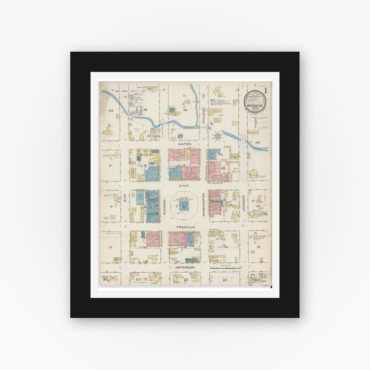 Old map wall art mockup — black gallery frame with white mat — Sanborn Fire Insurance Map from Waxahachie, Ellis County, Texas (1885) - Complete Map Set