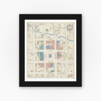 Old map wall art mockup — black gallery frame with white mat — Sanborn Fire Insurance Map from Waxahachie, Ellis County, Texas (1885) - Complete Map Set