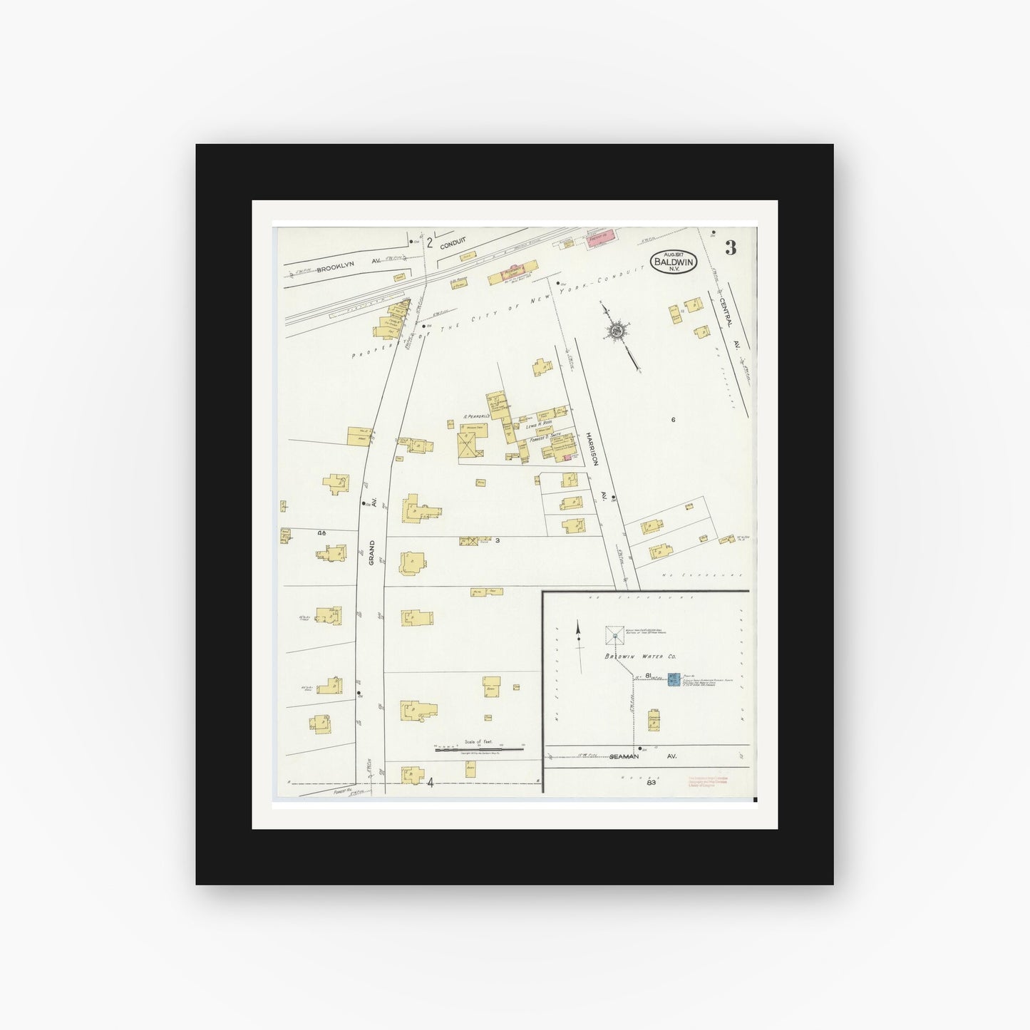 Old map wall art mockup — black gallery frame with white mat — Sanborn Fire Insurance Map from Baldwin, Nassau County, New York (1917), Sheet #0003
